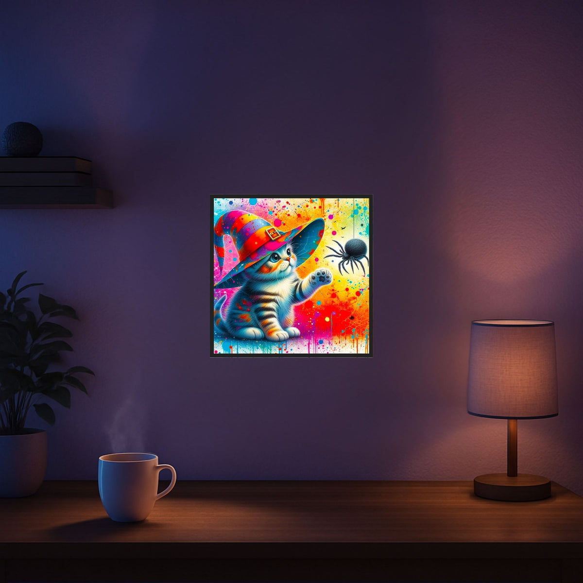 Buntes Diamond Painting Set Zauberkatze mit Hexenhut und Spinne, strahlendes 30x30cm DIY-Bild mit funkelnden Strasssteinen