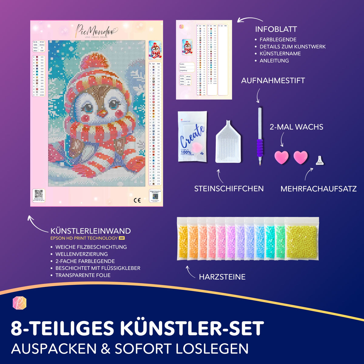 Diamond Painting Set eines süßen Pinguins mit Winter-Schal inkl. Leinwand, Glitzersteinen und Zubehör für DIY-Bastelspaß.