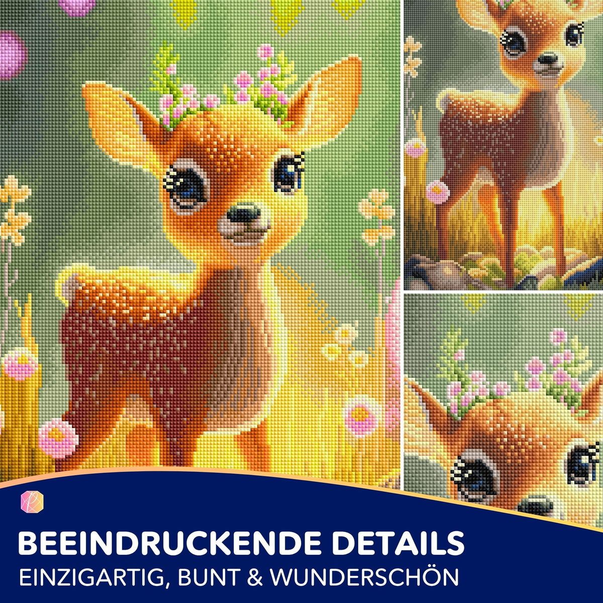 Diamond Painting Set Rehkitz Anabell mit funkelnden Strasssteinen und Blumen in 30x45cm für kreative Kunstwerke.