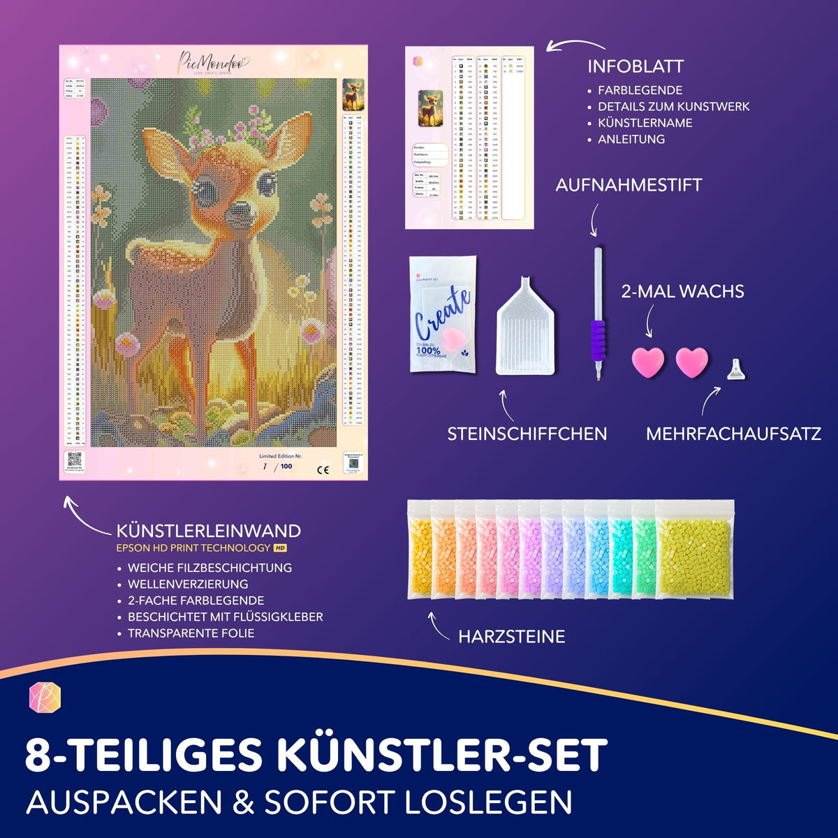 Diamond Painting Set Anabell mit süßem Rehkitz-Motiv, inkl. Leinwand, glitzernden Harzsteinen und Zubehör für DIY-Kunstwerke