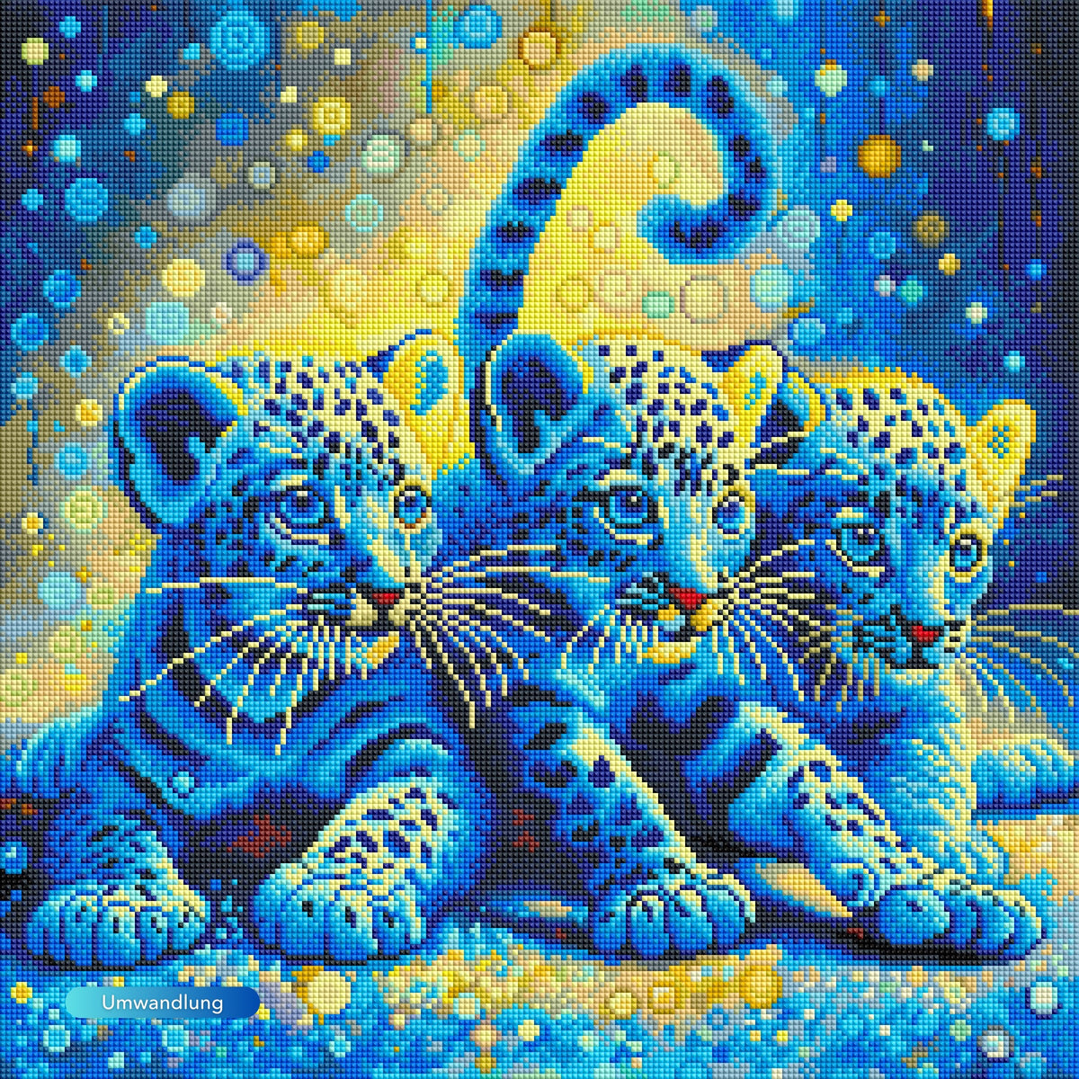 Diamond Painting Set mit süßen, blauen Leopardenbabys in einem bunten Fantasy-Design mit glitzernden Steinen