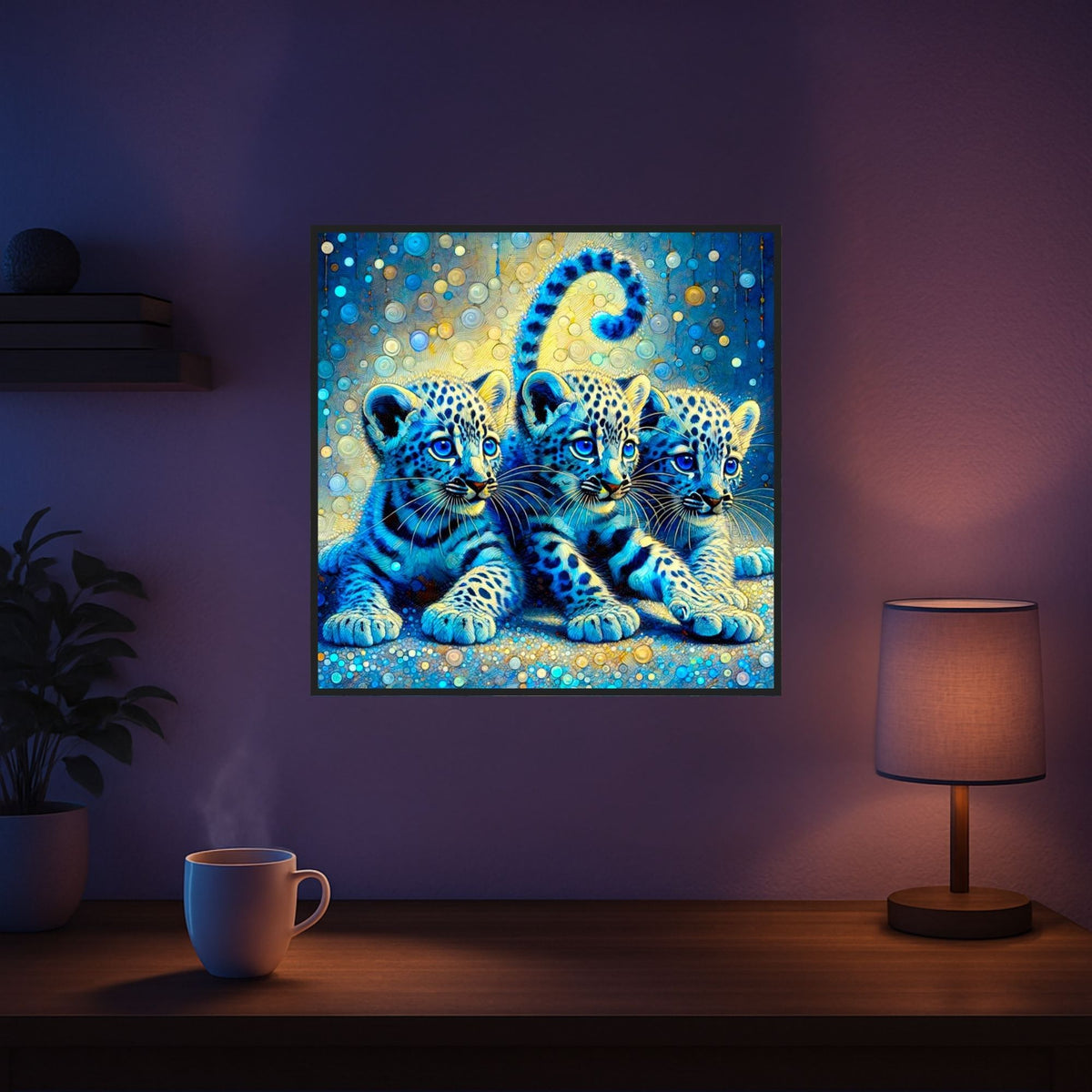 Diamond Painting Set mit drei süßen Baby-Leoparden in Blautönen, kunstvoll gestaltet mit funkelnden Steinen.