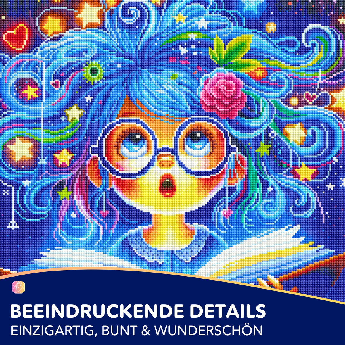 Detailreiches Diamond Painting Set Lesemaus Josephine mit bunten Glitzersteinen und Fantasy-Mädchen mit Brille