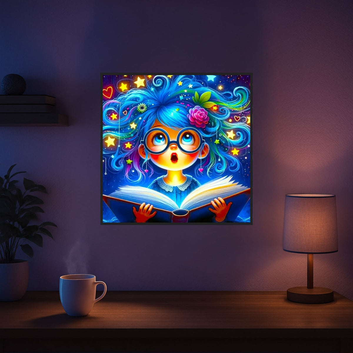 Diamond Painting Set Lesemaus Josephine: Buntes Fantasy-Motiv mit glitzernden Steinen eines Mädchens, das ein Buch liest.