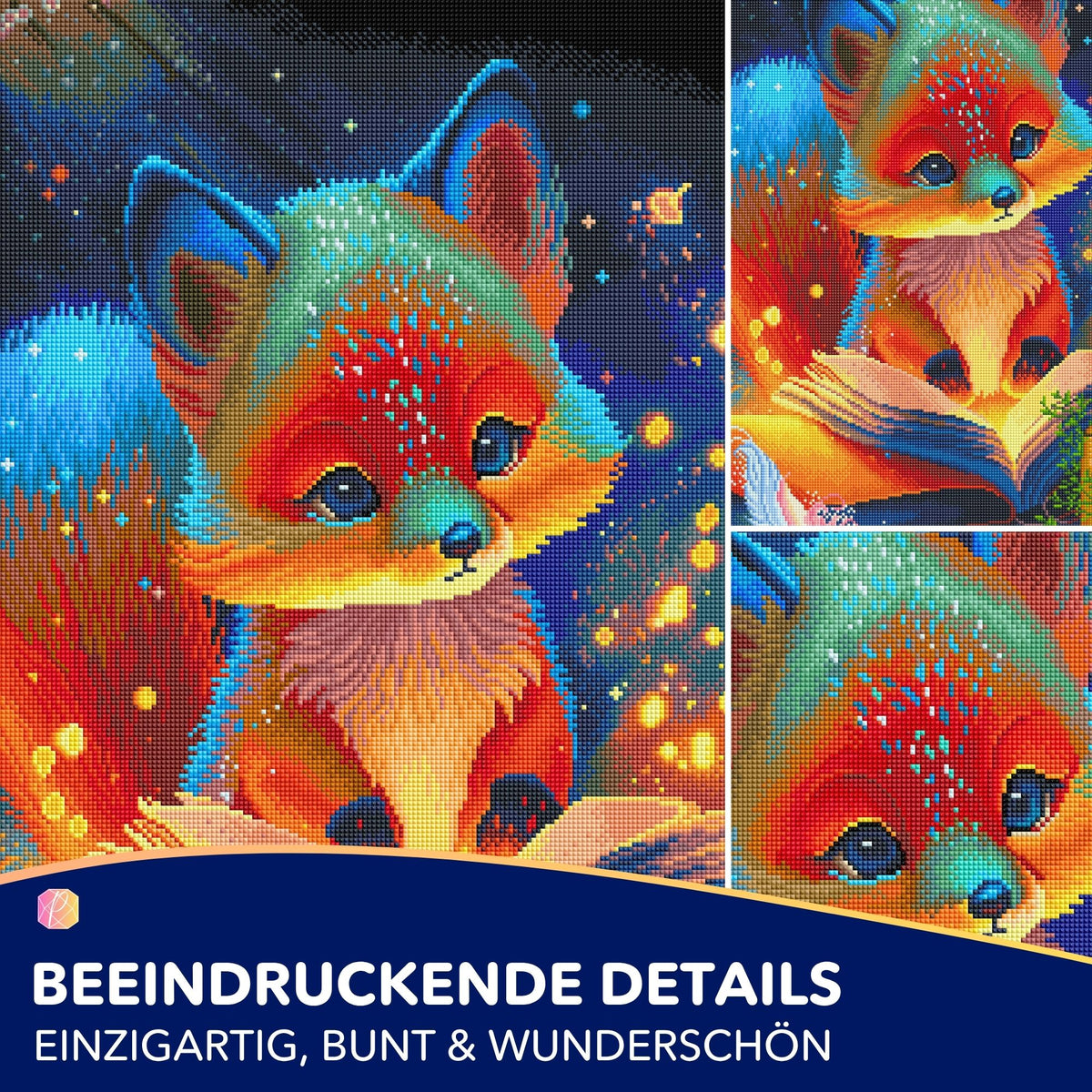 Diamond Painting Set Lesestunde im Fuchswald mit süßem Fuchs-Motiv, bunten Strasssteinen und glitzerndem Feenstaubeffekt.