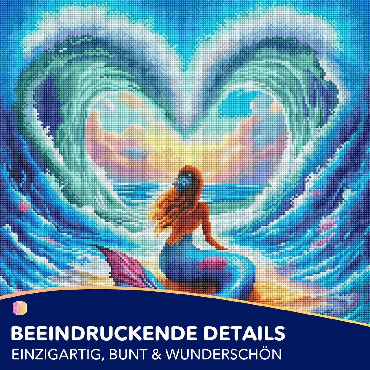 Diamond Painting Set Meerjungfrau mit Wellen in Herzform, buntes Fantasy-Motiv als fertiges Kunstwerk mit Glitzersteinen