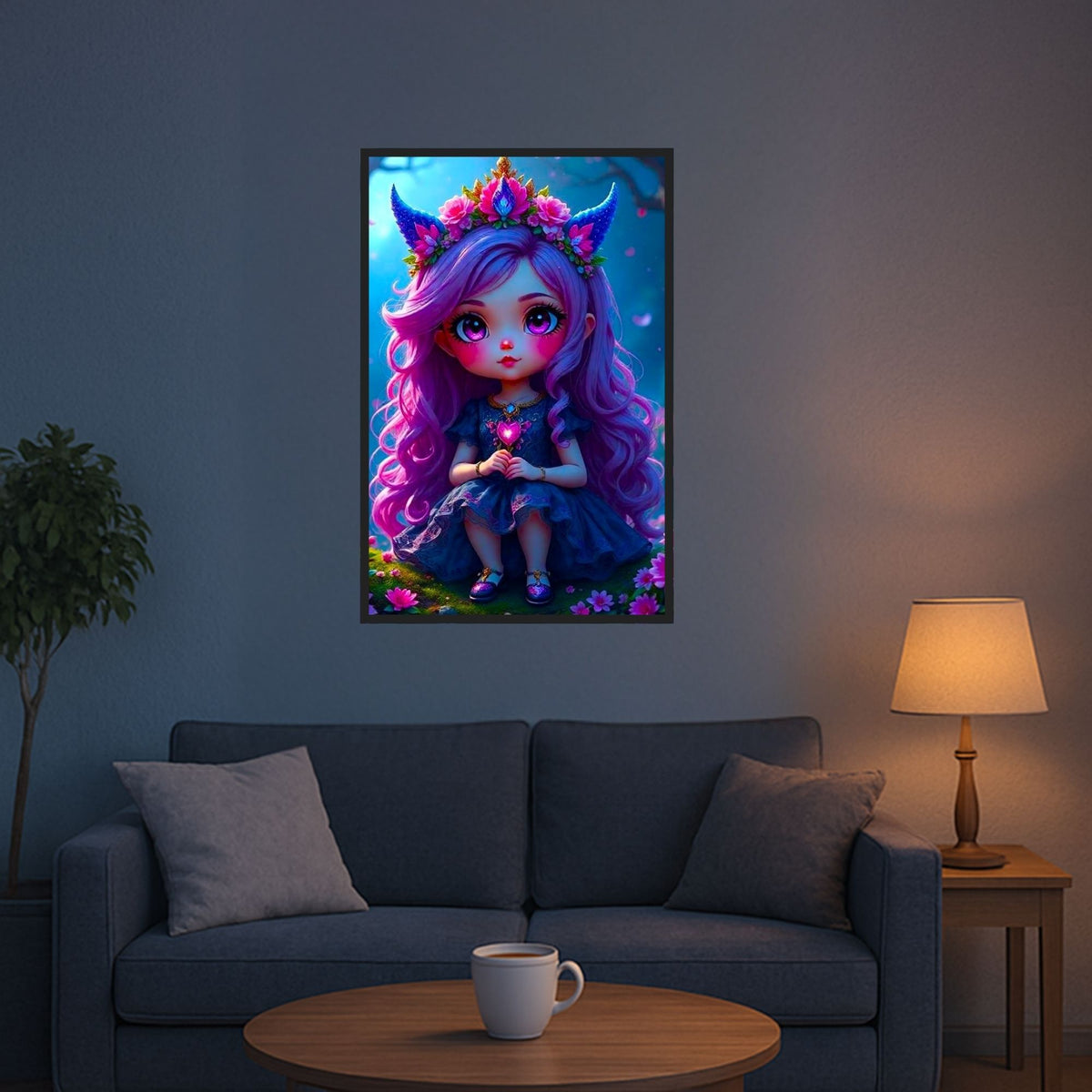 Diamond Painting Little Violett: Fantasie-Mädchen mit violetten Haaren und Blumenkrone als glitzerndes DIY-Set