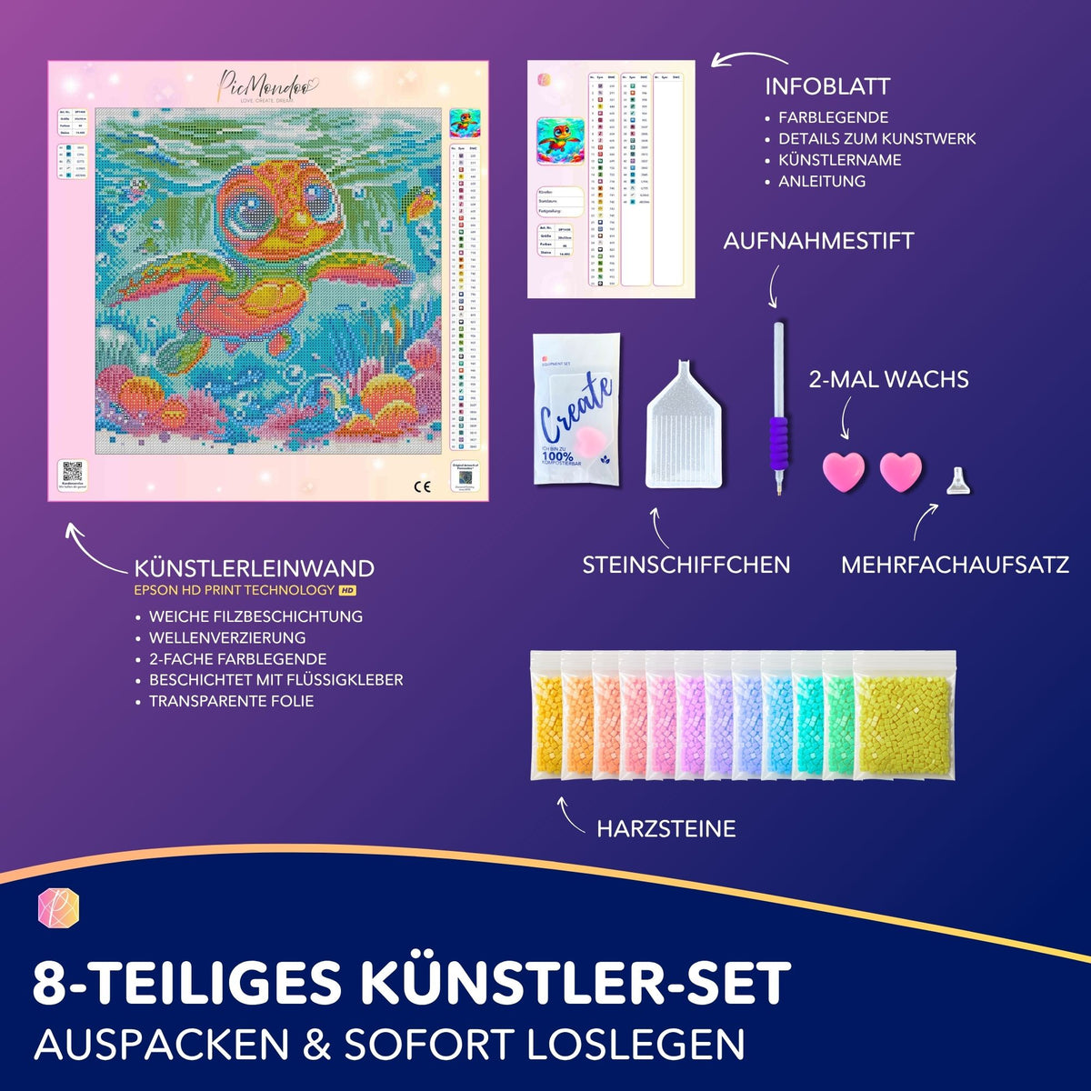 Diamond Painting Set Lotta die kleine Meeresschildkröte mit Leinwand, bunten Harzsteinen und Zubehör für DIY-Kunstwerke