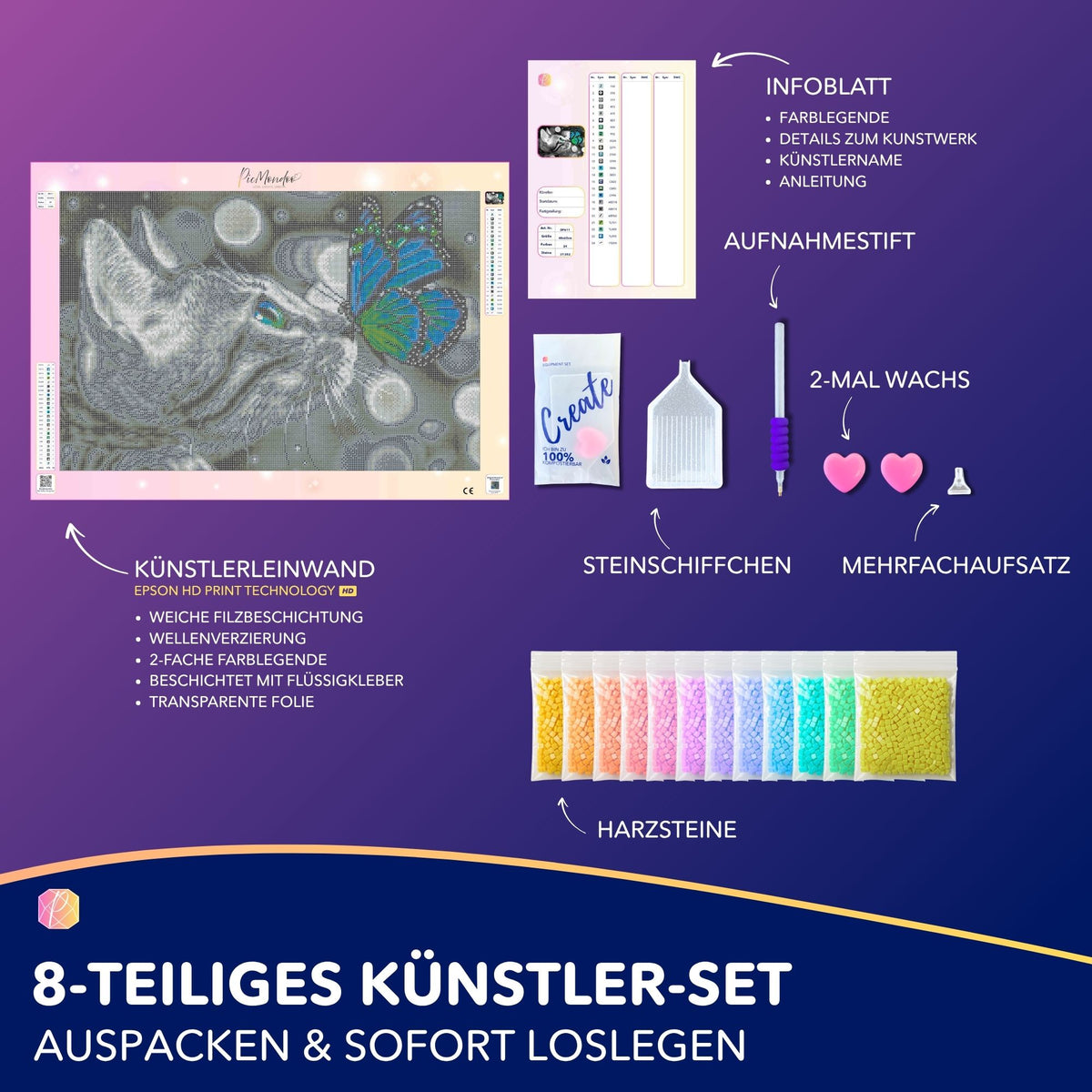 Diamond Painting Set Lovely Cat mit Leinwand, bunten Harzsteinen und Zubehör für kreatives Diamond Painting