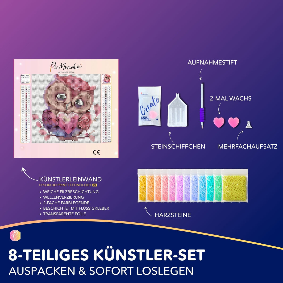 Diamond Painting Set Loving Owl mit Leinwand, bunten Harzsteinen und Zubehör für DIY-Bastelspaß