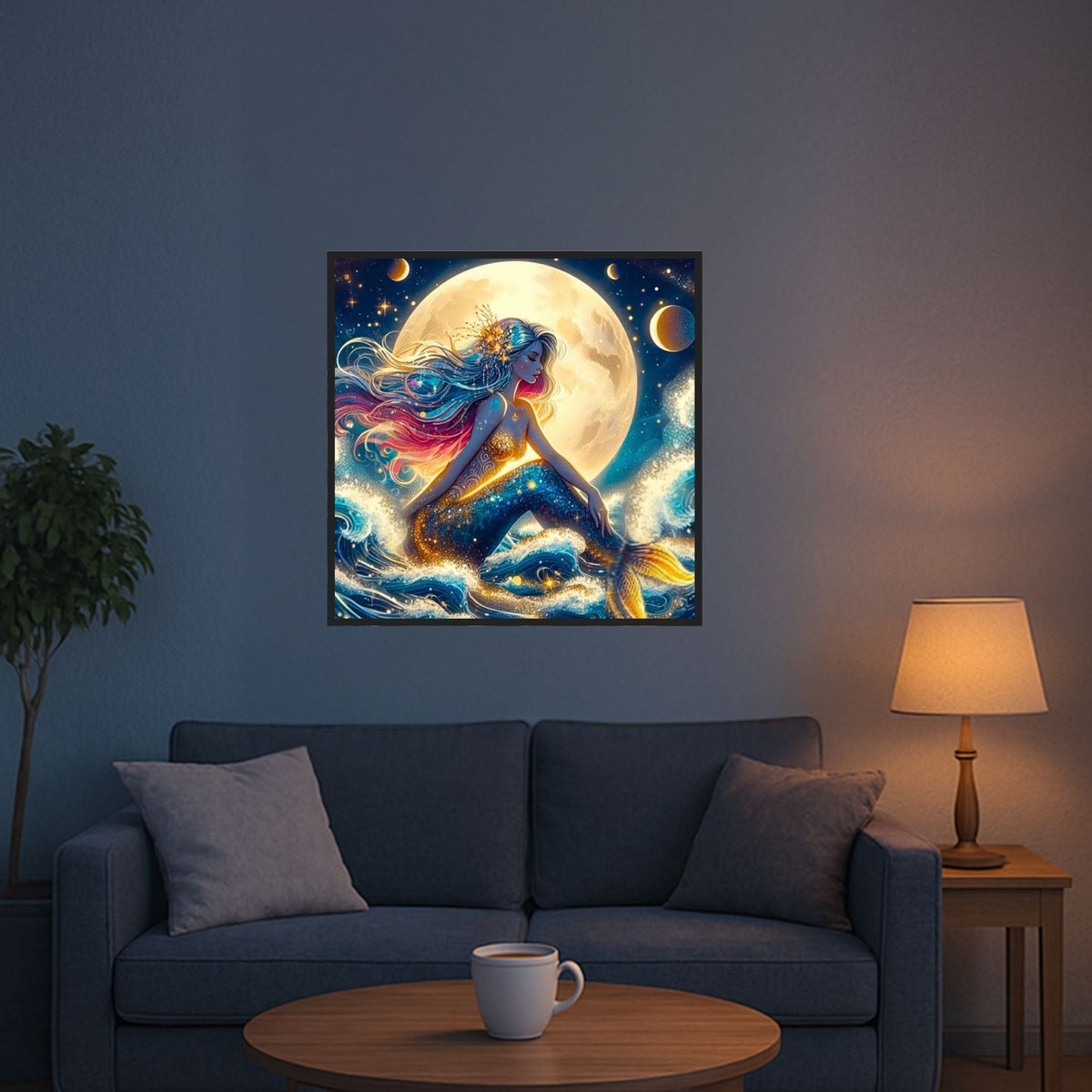 Diamond Painting Set Meerjungfrau im Sternenhimmel als leuchtendes Wandbild über einem Sofa