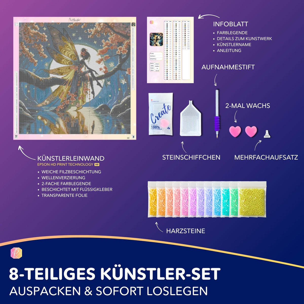 Diamond Painting Set Mondscheinfee mit Leinwand, bunten Harzsteinen und Zubehör für ein komplettes DIY-Bastelerlebnis