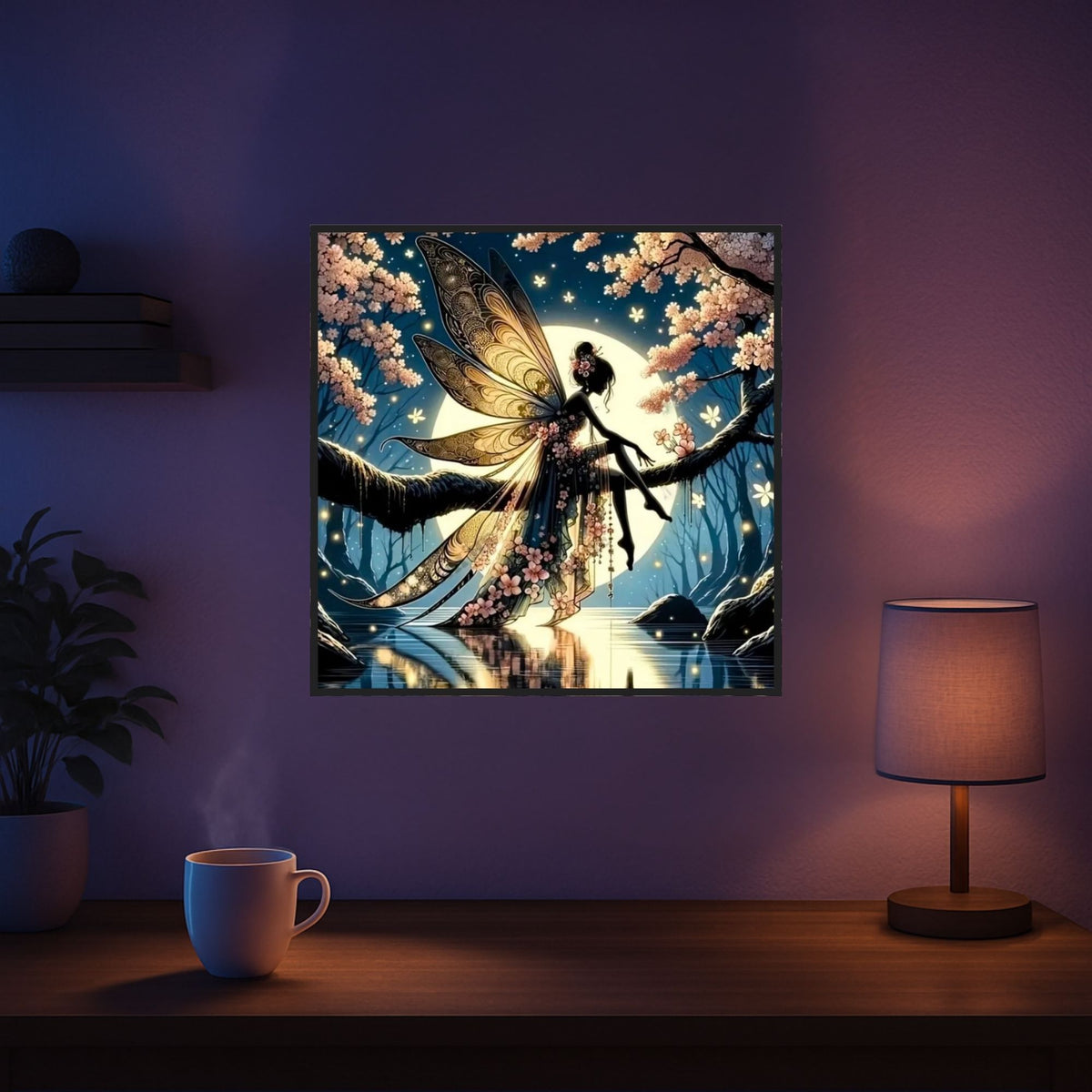 Diamond Painting Mondscheinfee mit glitzernden Steinen: Fantasy-Motiv einer Fee im Vollmond unter blühenden Bäumen.