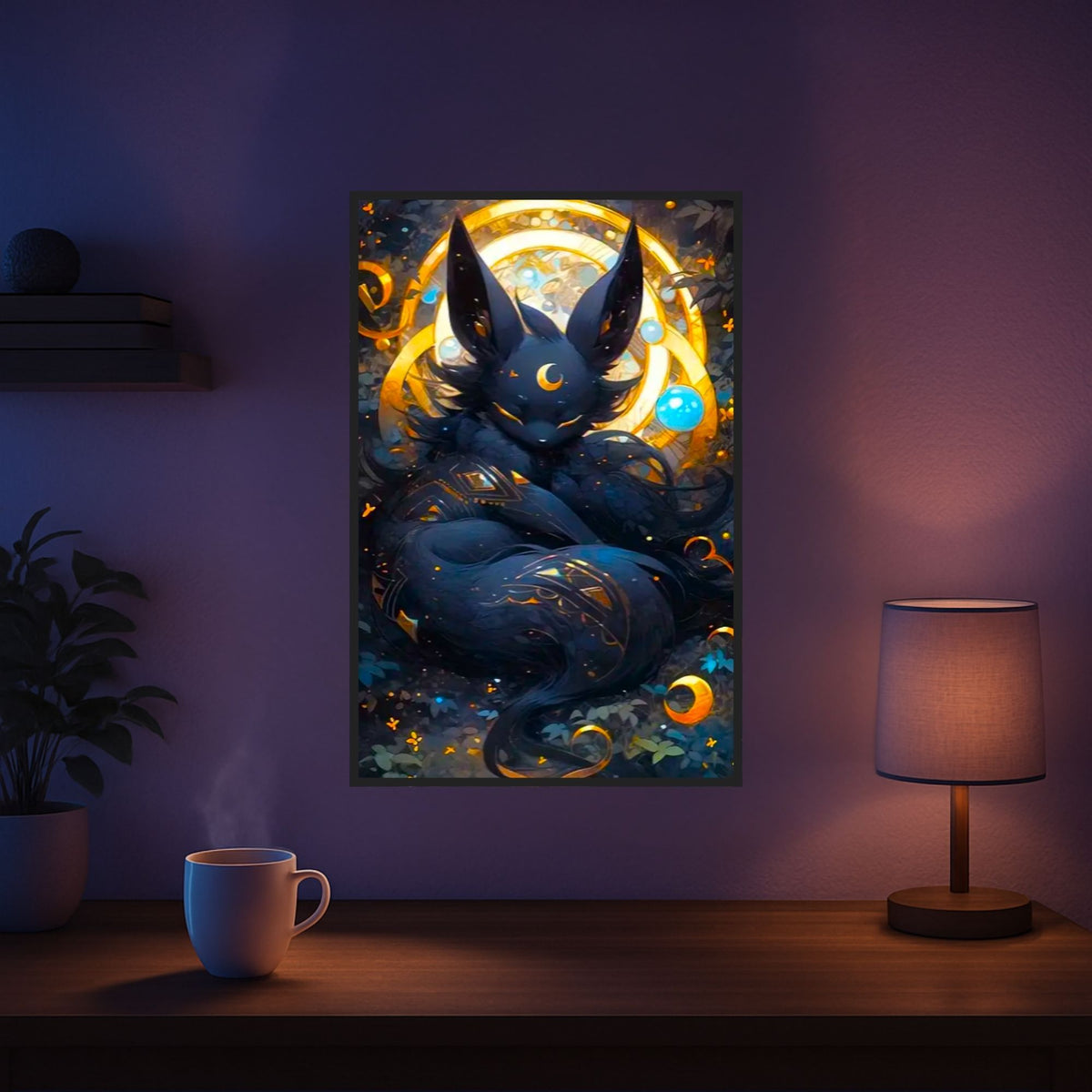 Fertiges Diamond Painting Mystisches Nachtwesen mit goldenen Details und Glitzersteinen als Fantasy-Wandkunst