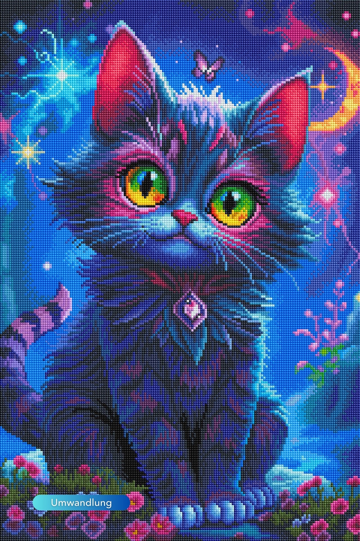 Diamond Painting Set Night Cat mit leuchtender Katze, Mond und Sternen aus funkelnden Strasssteinen im 40x60cm Format