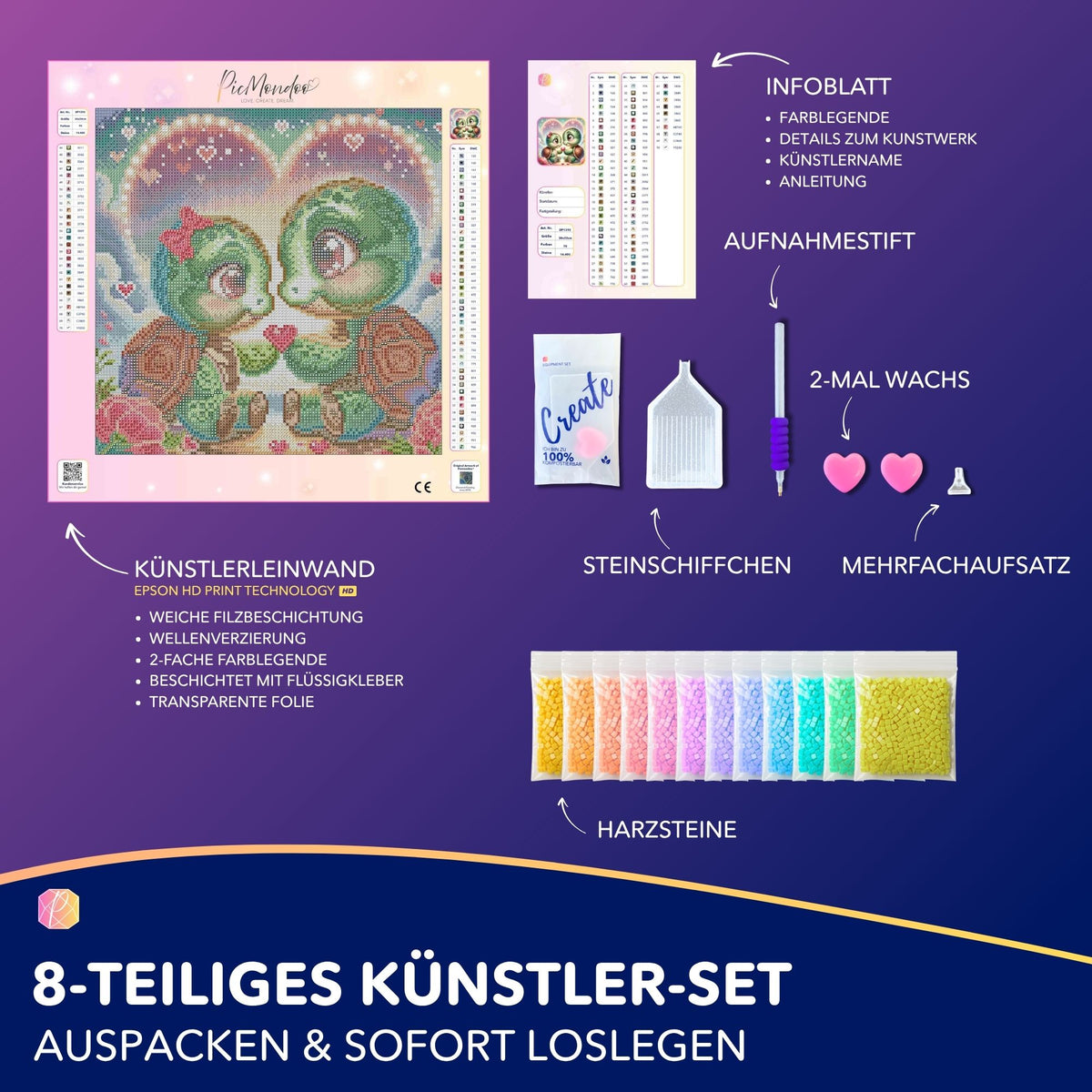 Diamond Painting Set Paul und Paulinchen mit Schildkröten Motiv, inklusive Leinwand, Glitzersteinen und Zubehör.