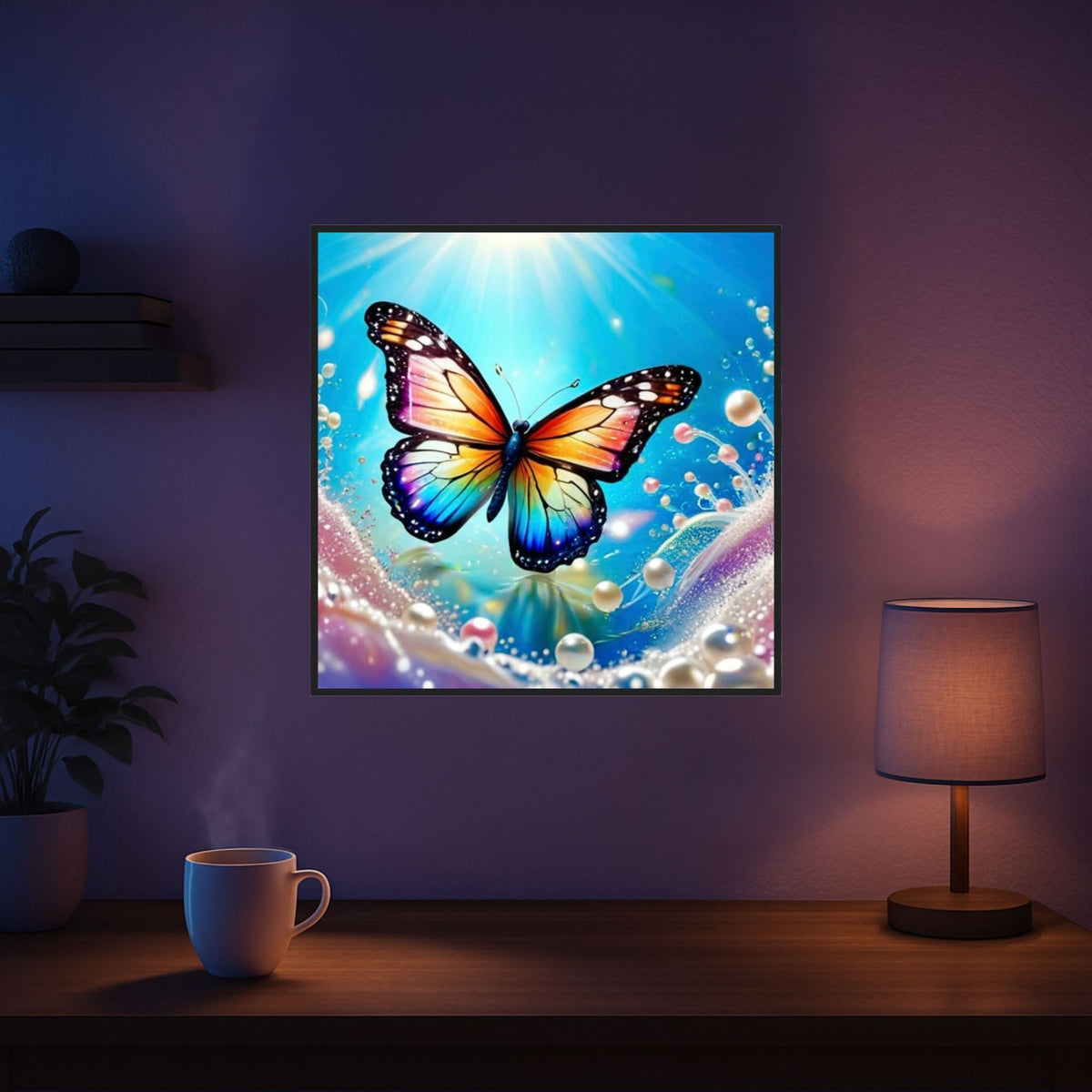 Diamond Painting Set mit buntem Schmetterling, Perlen-Motiv und glitzernden Steinen als lebendige Fantasy-Wanddekoration.