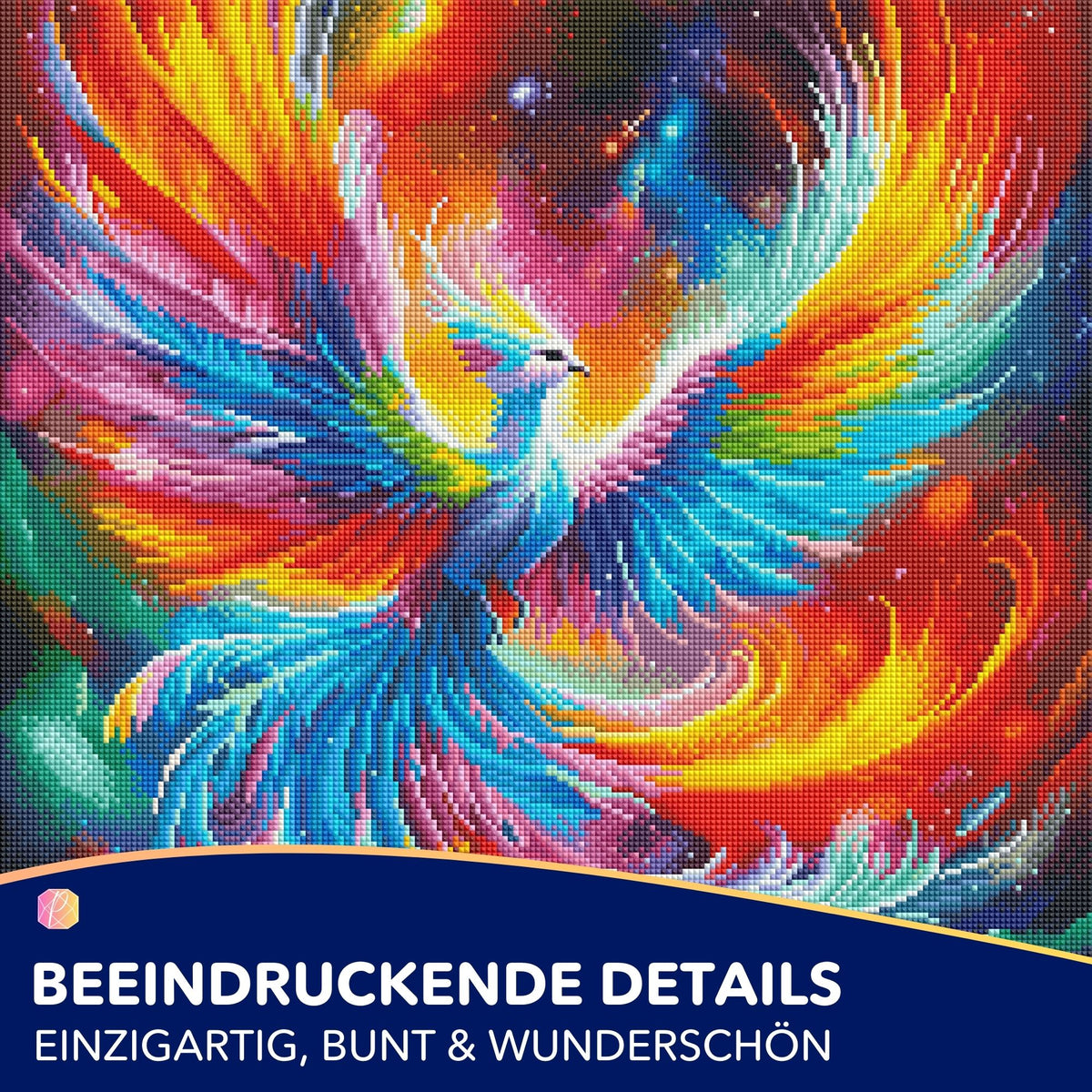 Farbenfrohes Diamond Painting Set Phönix mit funkelnden Strasssteinen und 50x50cm Fantasy-Motiv für DIY-Kunst.