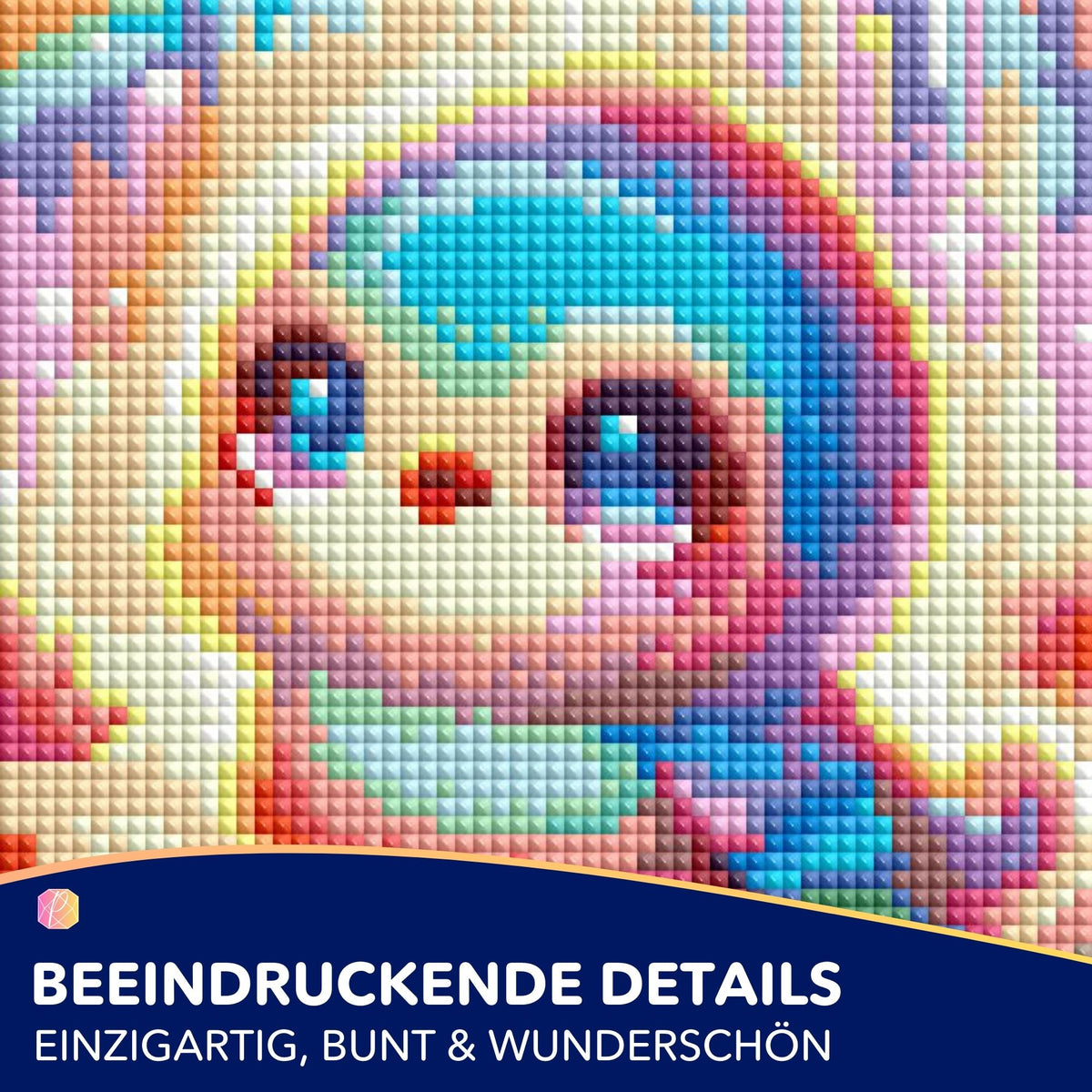 Nahaufnahme eines Diamond Painting Sets mit buntem Piepmatz Lotti und glitzernden Steinen auf der Leinwand.