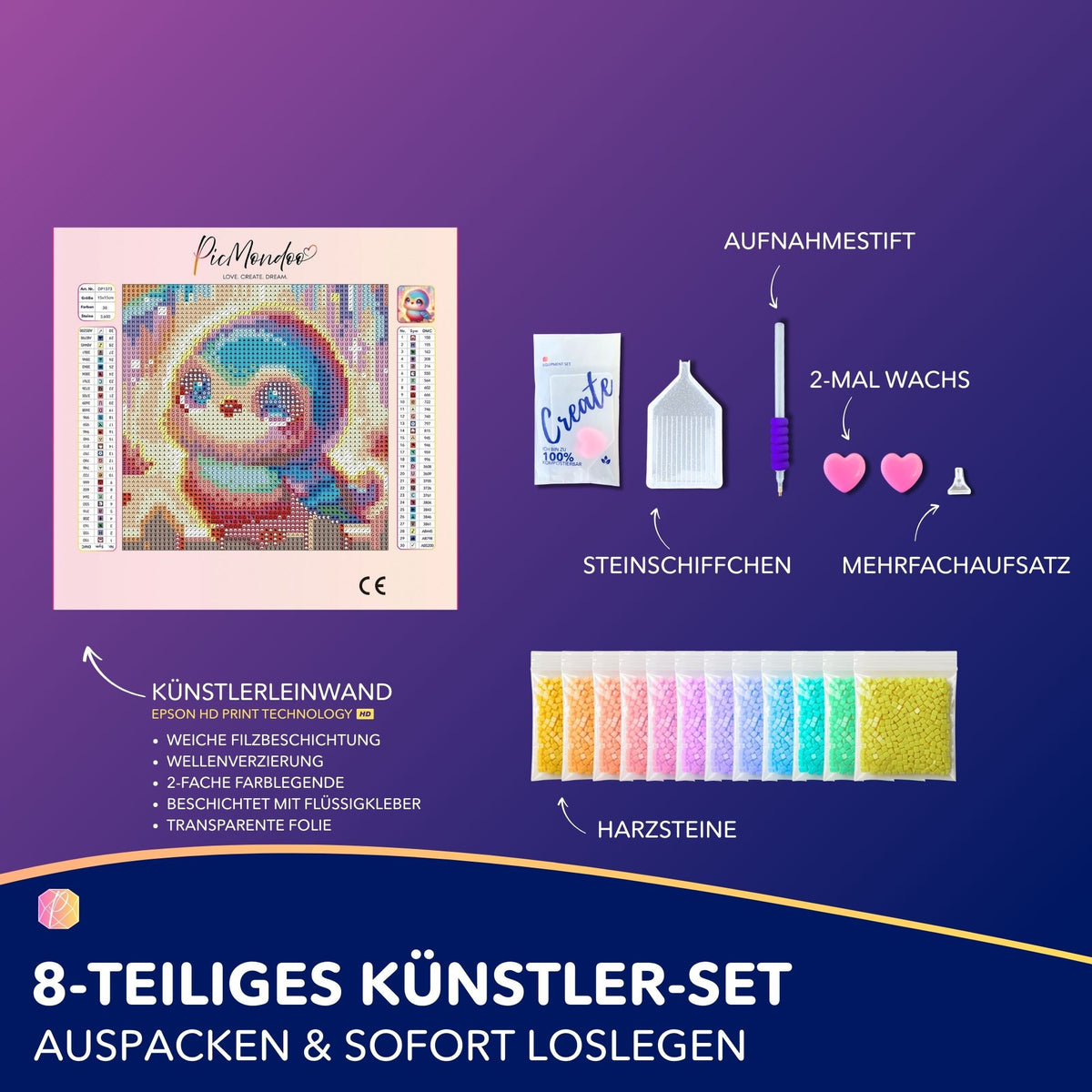 Diamond Painting Set für Kinder und Erwachsene mit buntem Vogelmotiv Lotti, inklusive Leinwand und Zubehör.