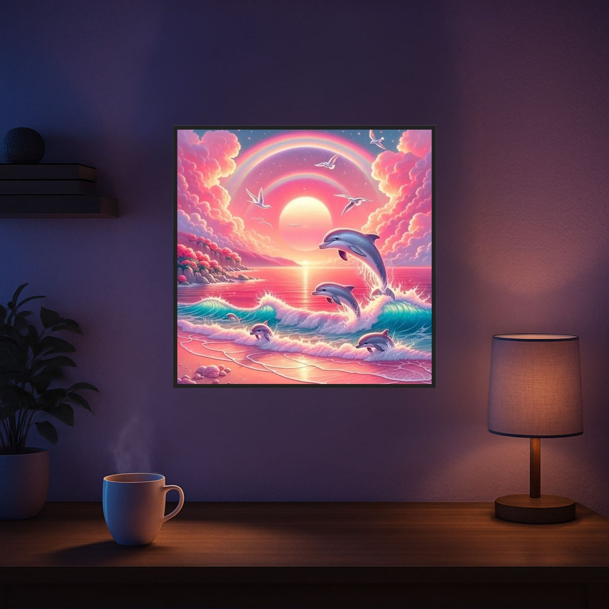 Diamond Painting Set Pinkes Meeresrauschen mit Delfinen, Regenbogen und glitzernden Strasssteinen an einer Wand