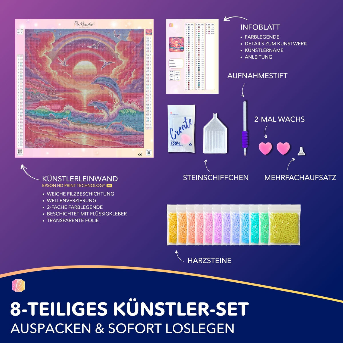 Diamond Painting Set Pinkes Meeresrauschen mit Delfinen, Leinwand, bunten Harzsteinen und Zubehör für DIY Kunstprojekte.