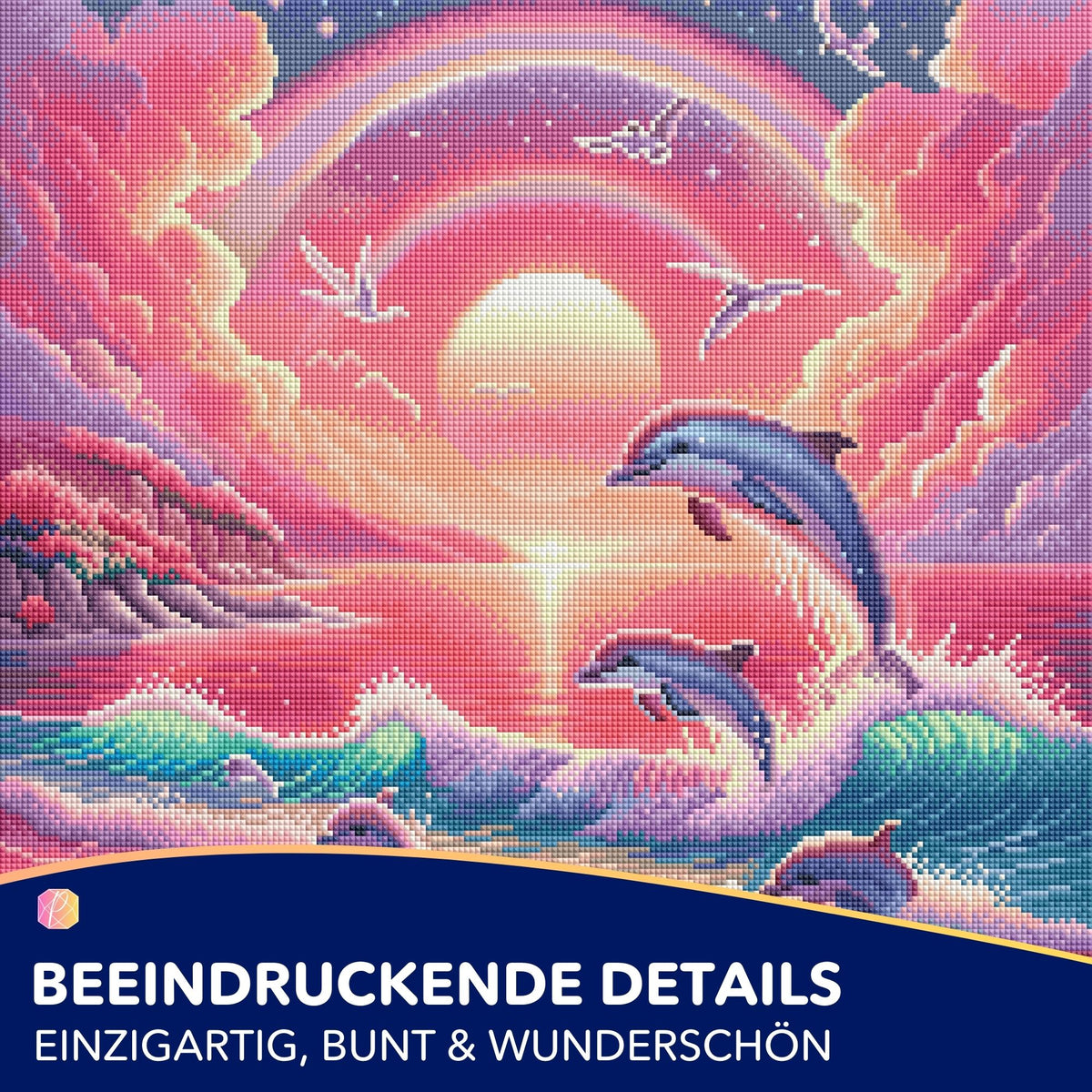 Diamond Painting Set Pinkes Meeresrauschen mit spielenden Delfinen, bunten Regenbogen-Wolken und feinen Strasssteinen.