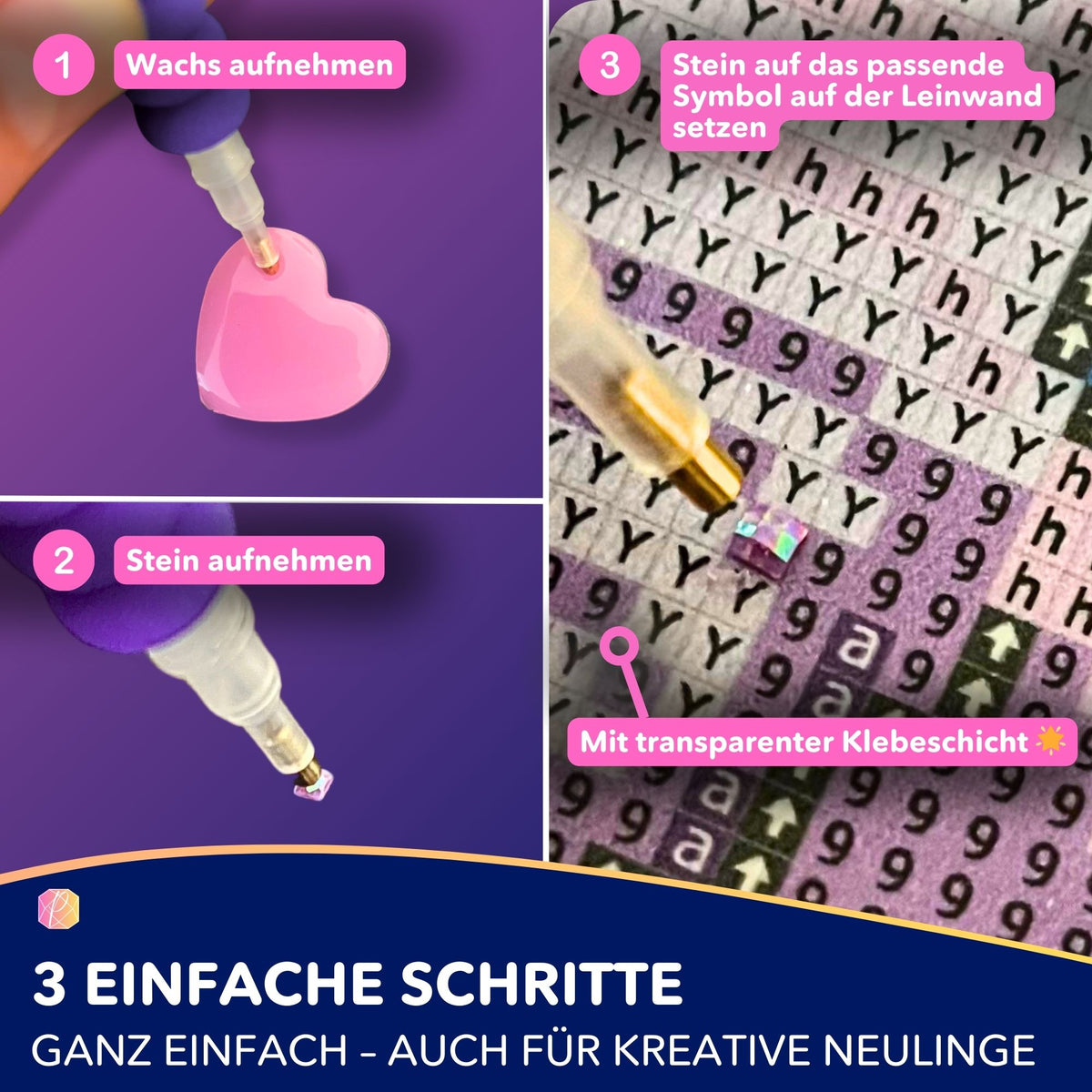 Anleitung für Diamond Painting: In 3 Schritten Steine mit Wachs aufnehmen und auf die bedruckte Leinwand setzen.