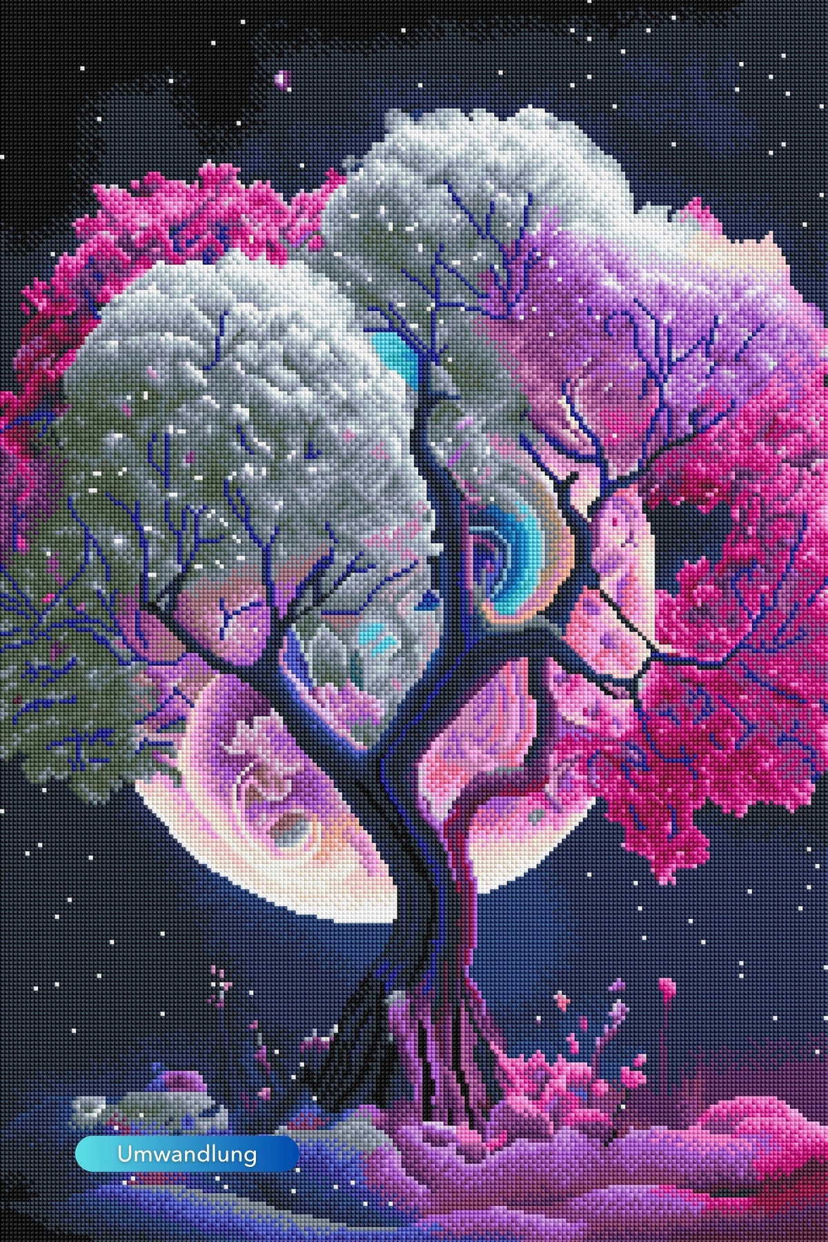 Diamond Painting Set mit buntem Baum in einer Mondnacht, detailliertes kunstvolles Fantasy-Motiv mit glitzernden Steinen.
