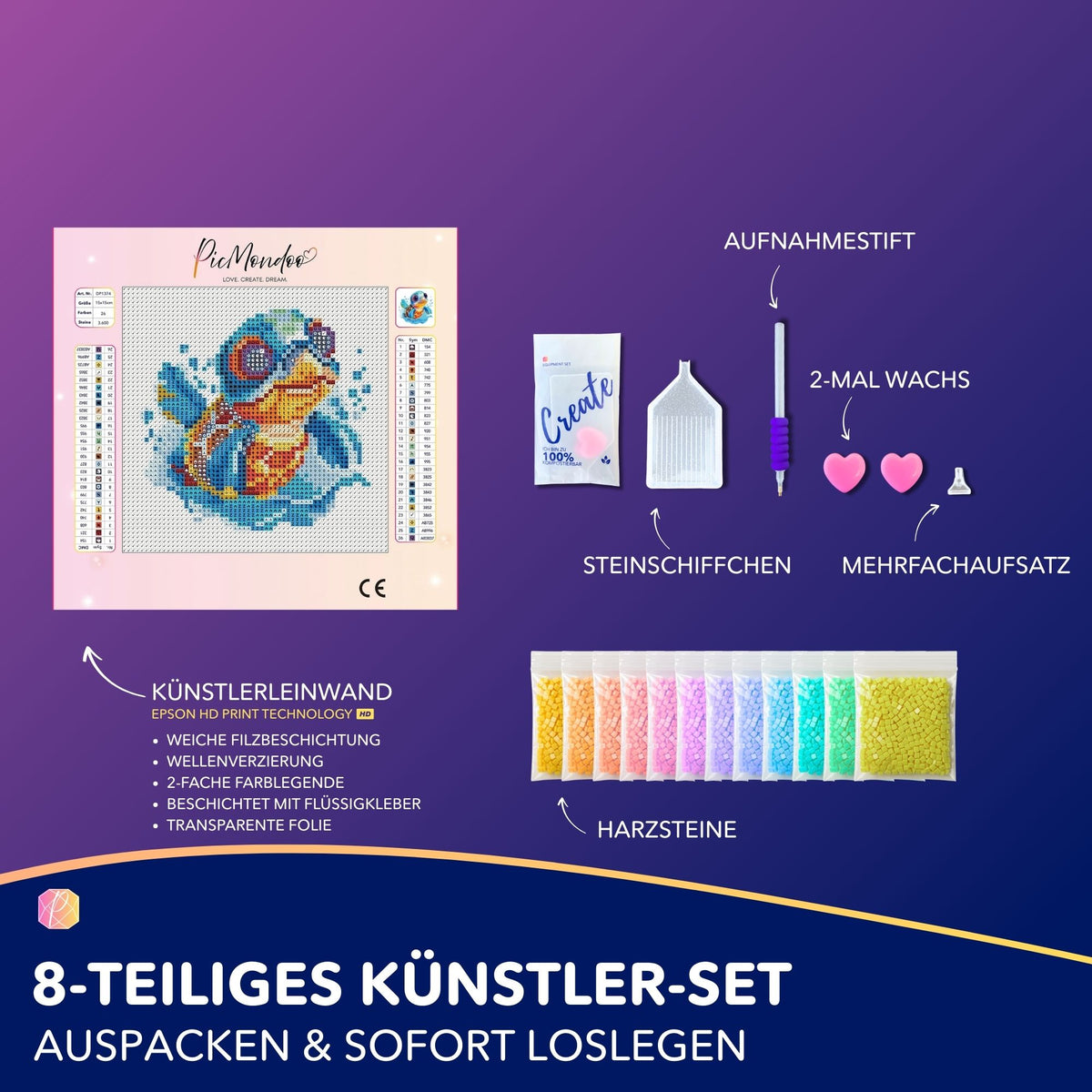 Diamond Painting Set Mini mit buntem Schildkröten-Motiv, Zubehör, Harzsteinen und Leinwand für kreatives DIY-Basteln