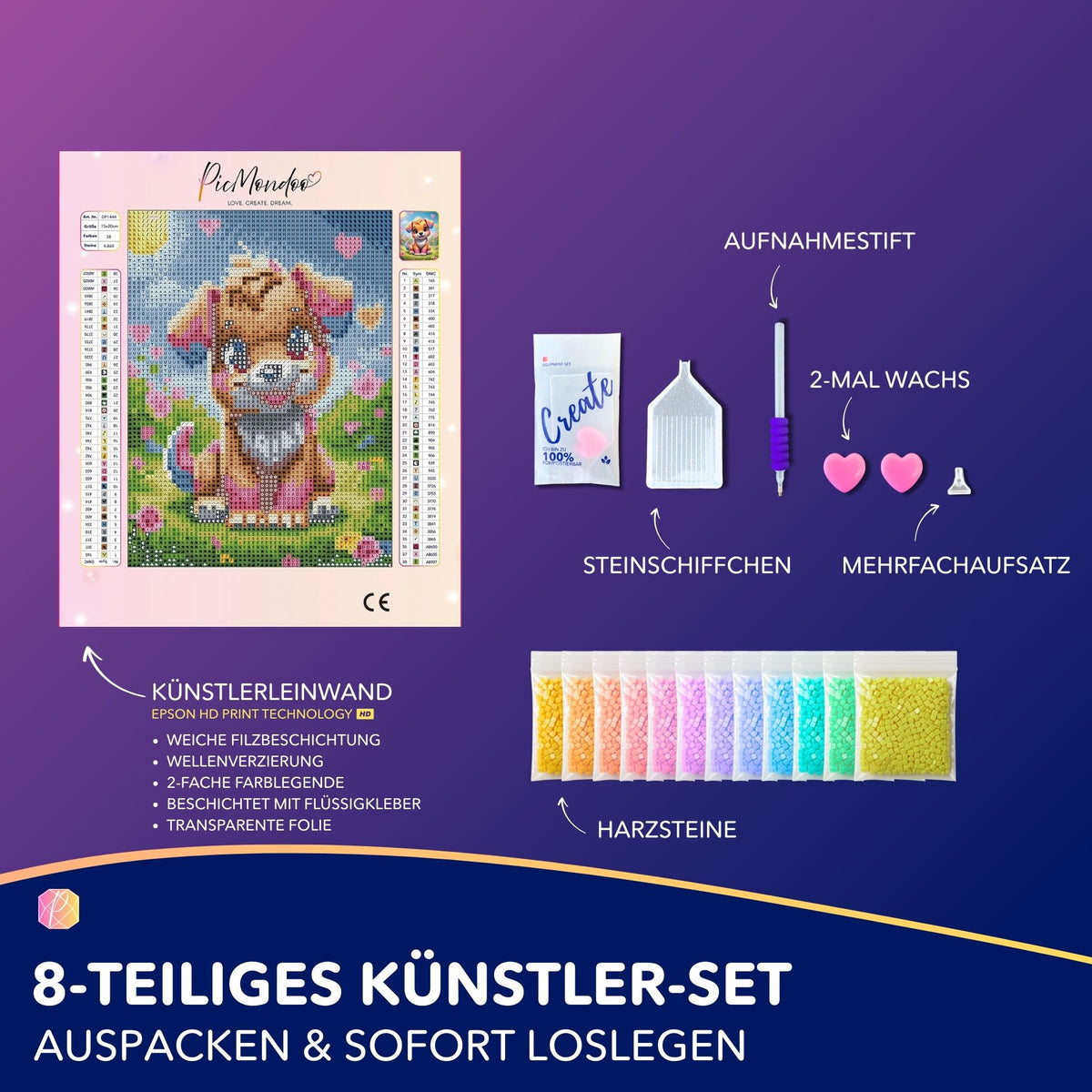 Diamond Painting Set Puschel mit süßem Hund Motiv, inklusive Leinwand, bunten Harzsteinen und Zubehör für DIY Kunst
