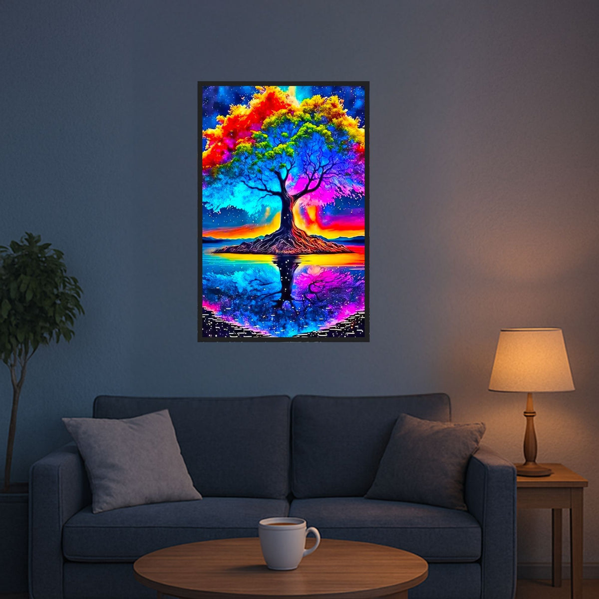 Fertiges Diamond Painting Set mit buntem Regenbogen-Baum an einer Wand über einem Sofa im Wohnzimmer