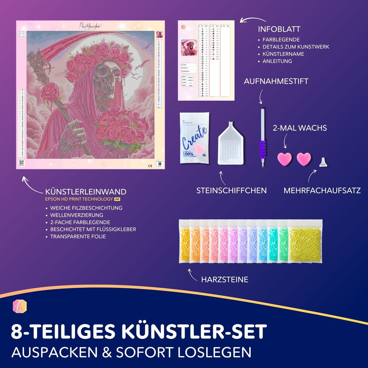 Diamond Painting Set Rosenträume mit Totenkopf-Motiv, hochwertiger Leinwand und komplettem Zubehör zum Basteln