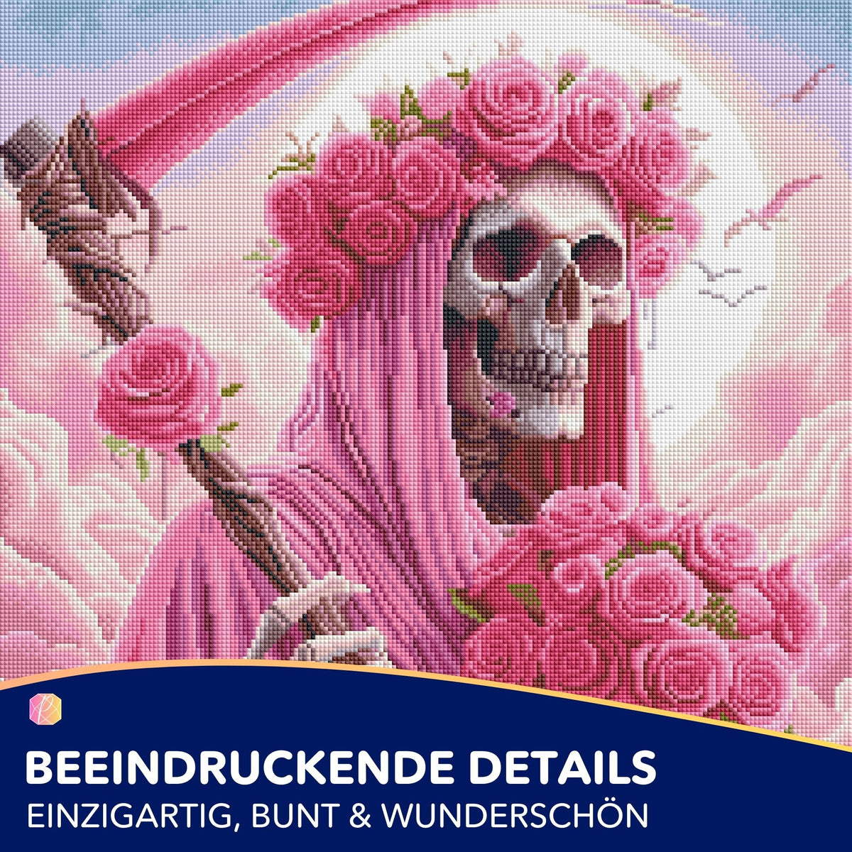 Diamond Painting Set Rosenträume: Ein Totenkopf mit pinken Rosen und Sense im 50x50cm Design mit glitzernden Steinen.