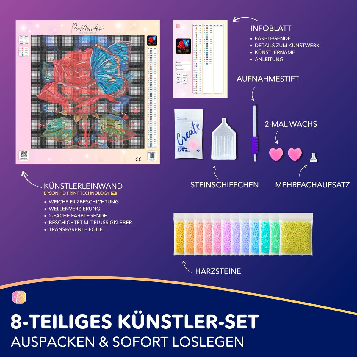 Diamond Painting Set mit roter Rose und blauem Schmetterling, inklusive Leinwand, Steinen und Zubehör für DIY-Kunst