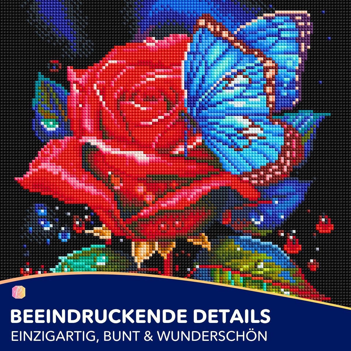 Diamond Painting Set mit roter Rose und blauem Schmetterling, detailreiche Leinwand mit funkelnden Strasssteinen