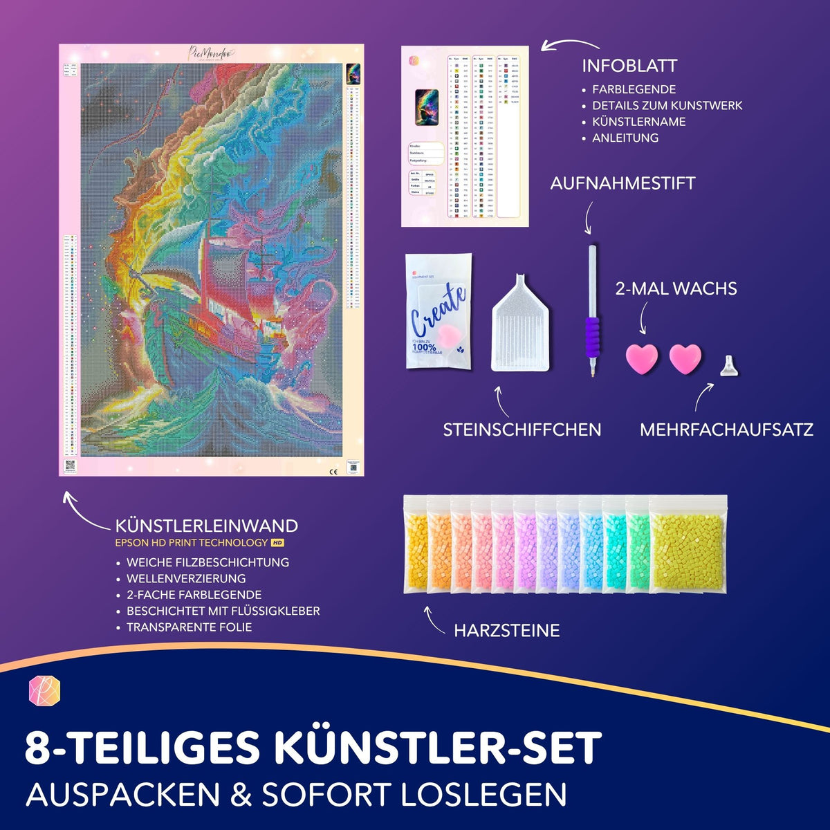 Diamond Painting Set Schiff im bunten Meer mit Harzsteinen, Leinwand und Zubehör für kreatives Diamond Painting