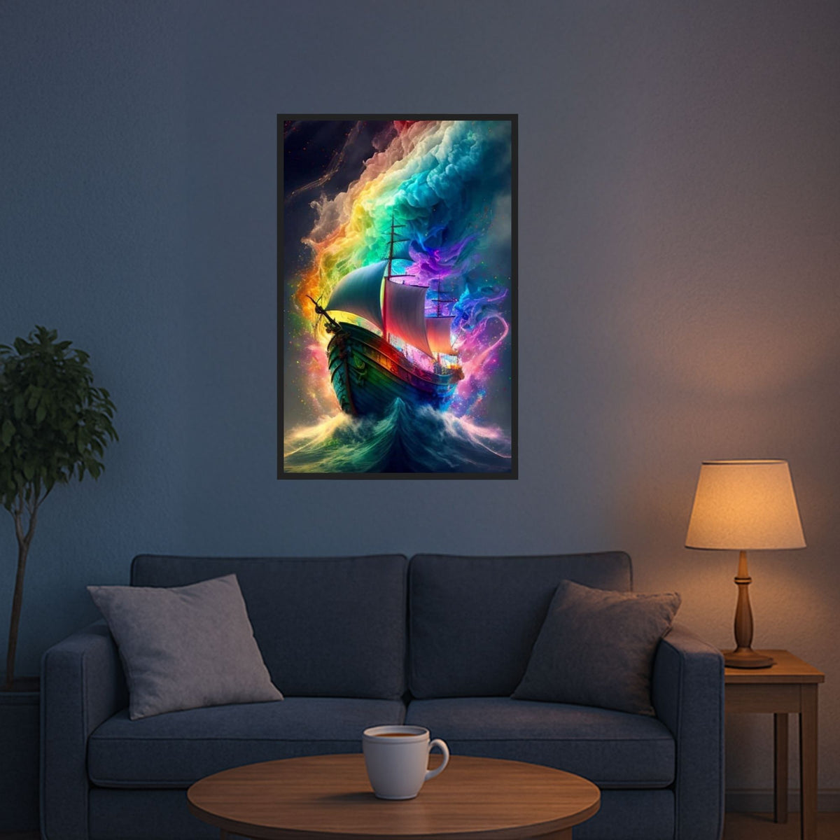 Diamond Painting Set eines Schiffes im bunten Fantasy-Meer mit glitzernden Steinen als lebendige Wanddeko