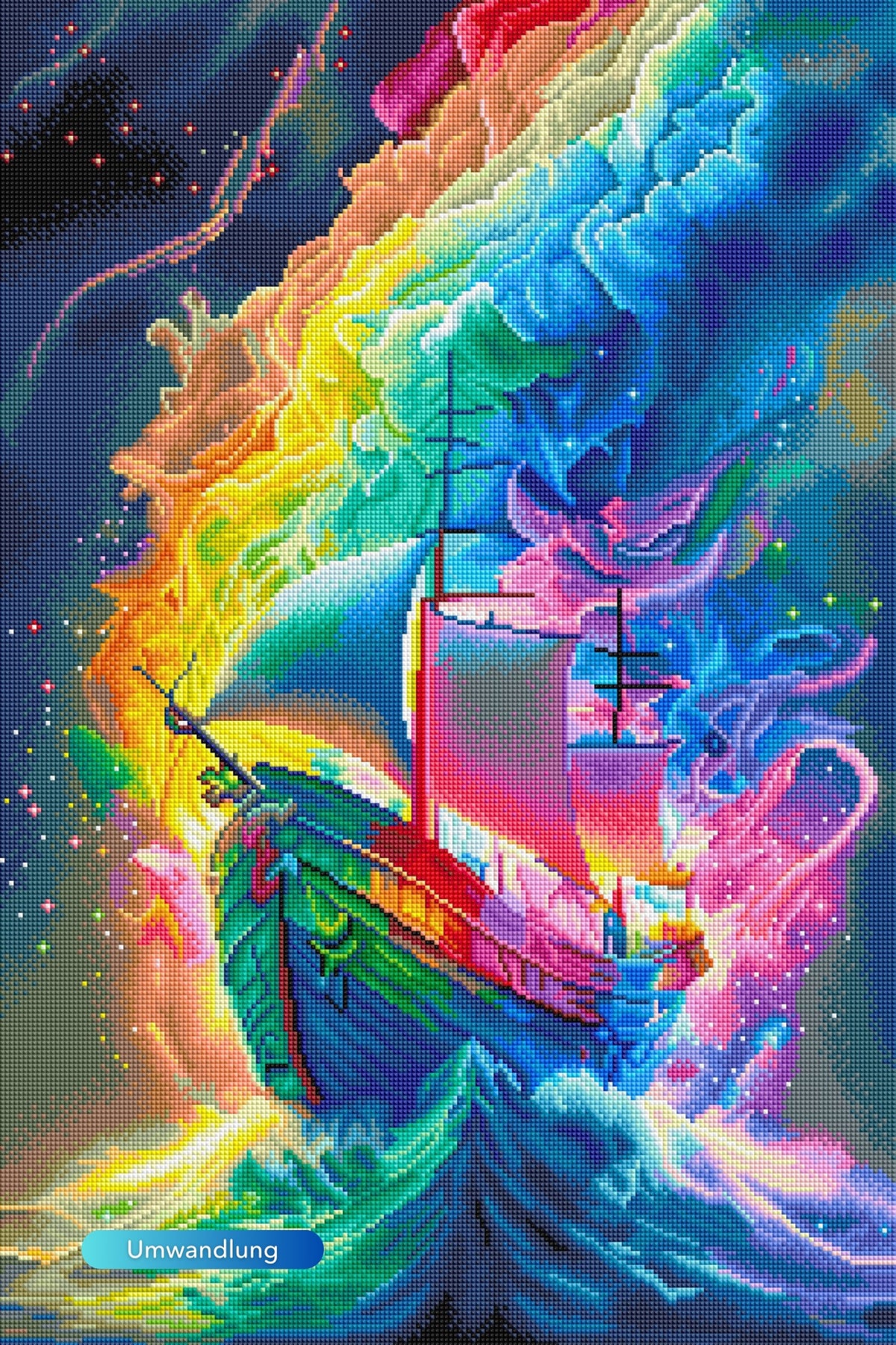 Diamond Painting Schiff auf buntem Fantasy-Meer mit glitzernden Steinen und leuchtenden Farbakzenten.