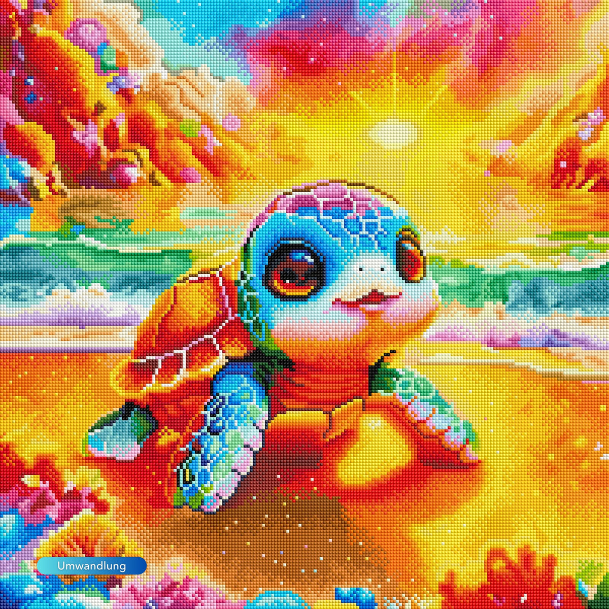 Diamond Painting Set mit bunter kleiner Schildkröte am glitzernden Strand in leuchtenden Farben