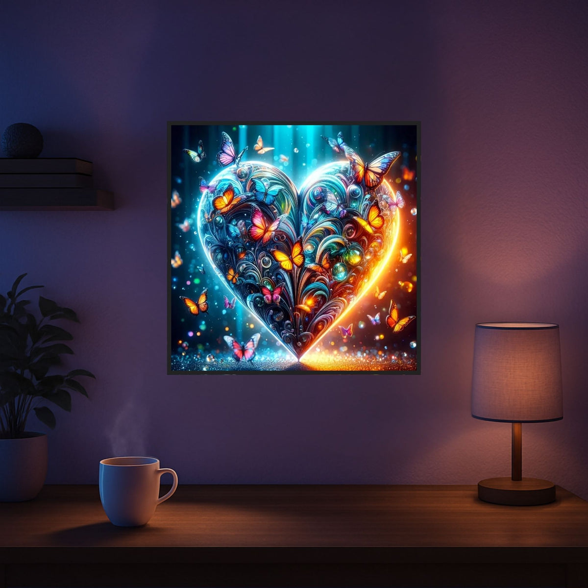 Diamond Painting Set Schmetterlingsherz mit bunten leuchtenden Schmetterlingen als strahlendes Wandbild