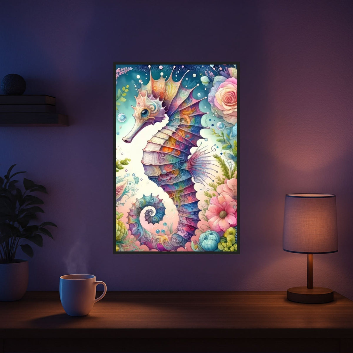 Diamond Painting Seepferdchen in einem bunten Blütentraum, umgeben von floralen Details und leuchtenden Farben.
