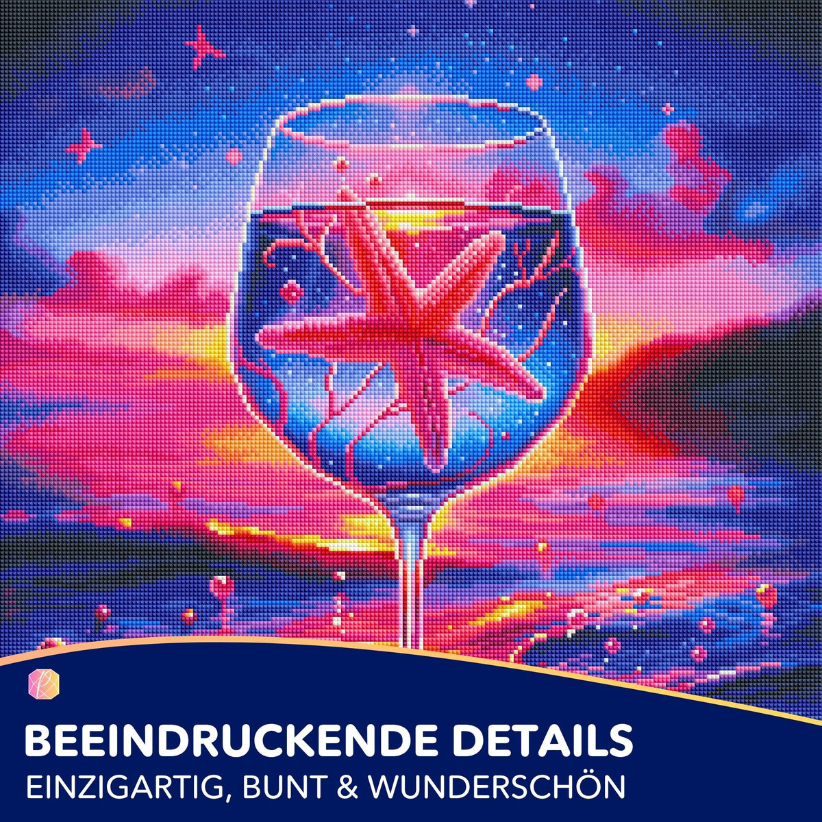 Diamond Painting Set Seesternzauber: Buntes Glas mit Seestern vor einem magischen Sonnenuntergang am Meer.