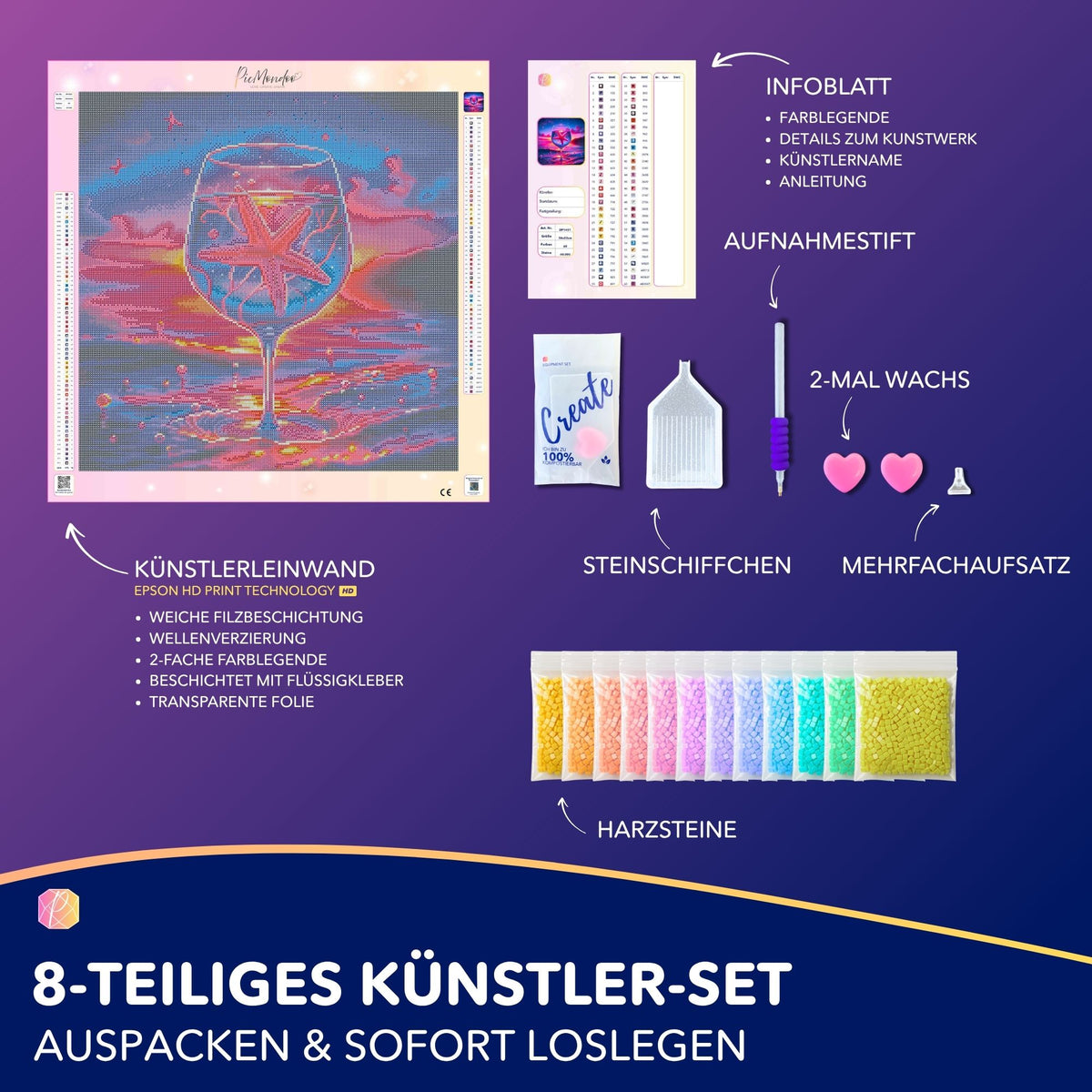 Diamond Painting Set Seesternzauber mit Leinwand, bunten Harzsteinen und Werkzeug für das kreative Hobby.