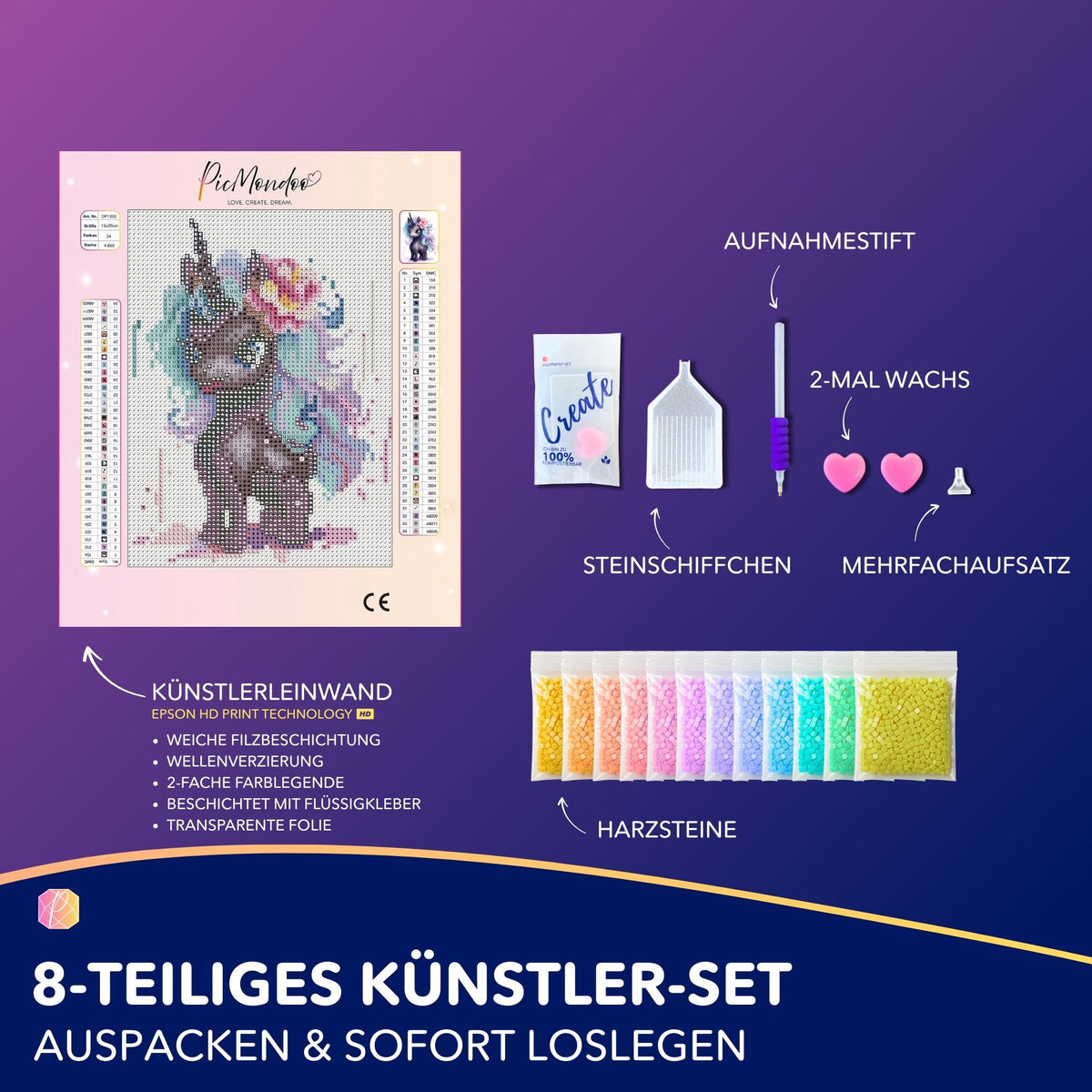 Diamond Painting Set Serafina Mini mit Einhorn-Motiv, hochwertiger Leinwand, Harzsteinen und Zubehör für DIY-Kunst.