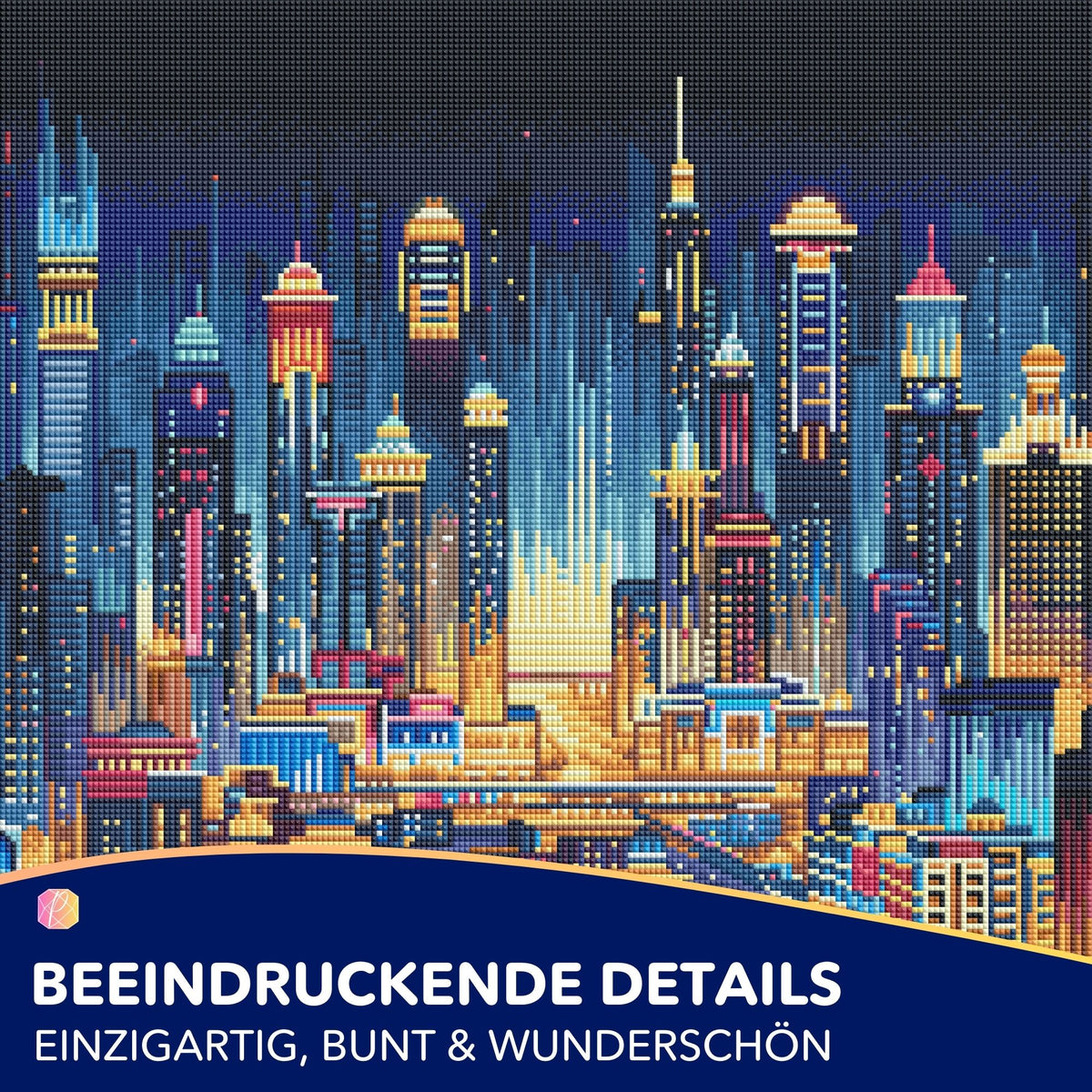 Diamond Painting Set Stadt der Lichter mit bunter Skyline und glitzernden Steinen als lebendiges abstraktes Wandbild