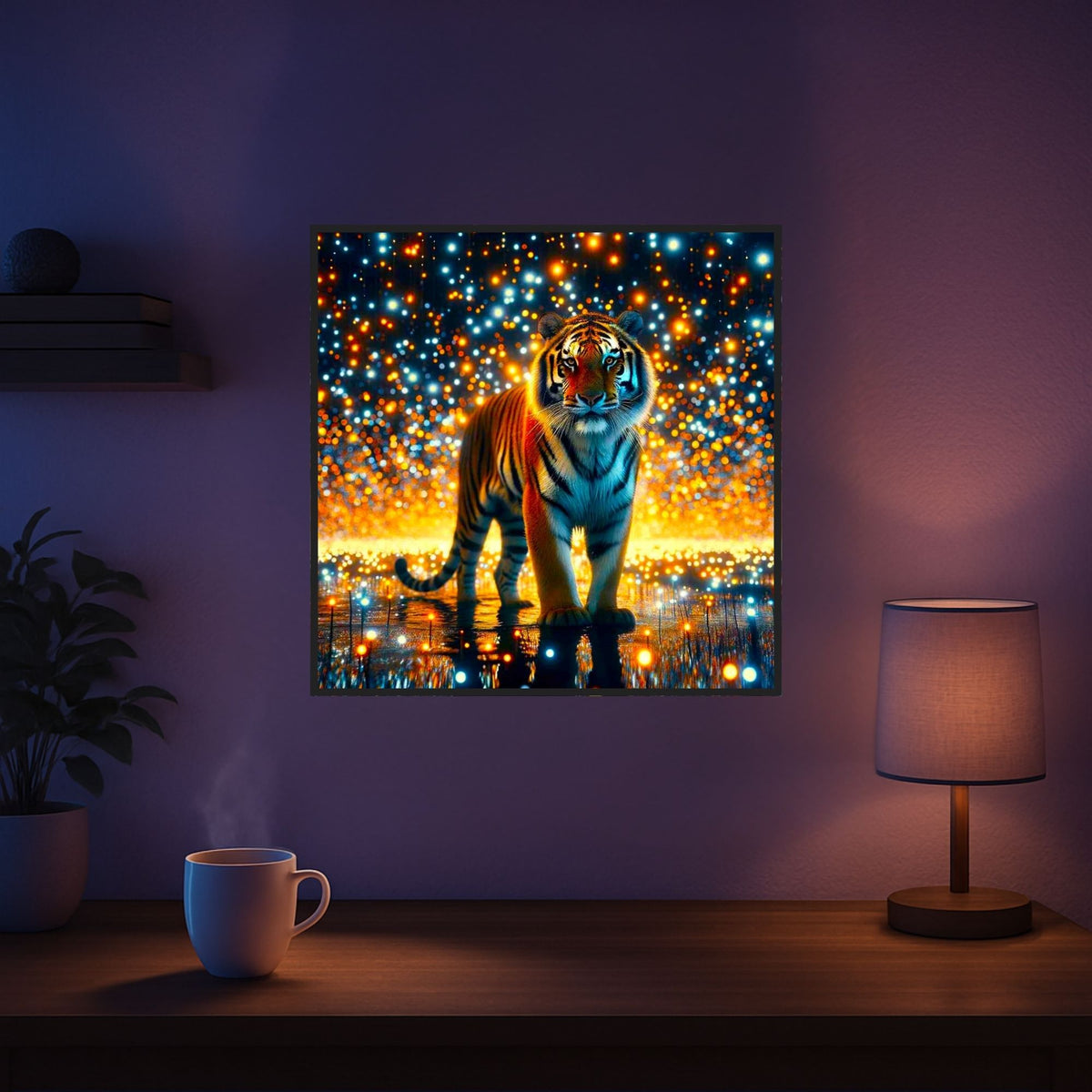 Diamond Painting Sternenwächter: Tiger-Motiv mit leuchtenden Effekten aus eckigen Steinen für kreative Kunstwerke.