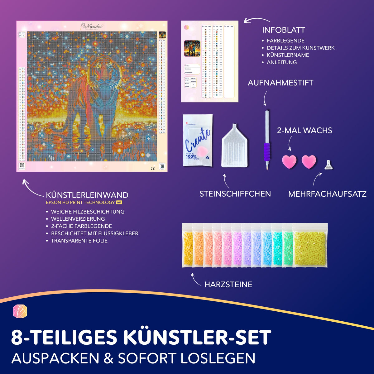 Diamond Painting Set Sternenwächter mit Tiger-Motiv, hochwertiger Leinwand, eckigen Glitzersteinen und Bastelwerkzeug.