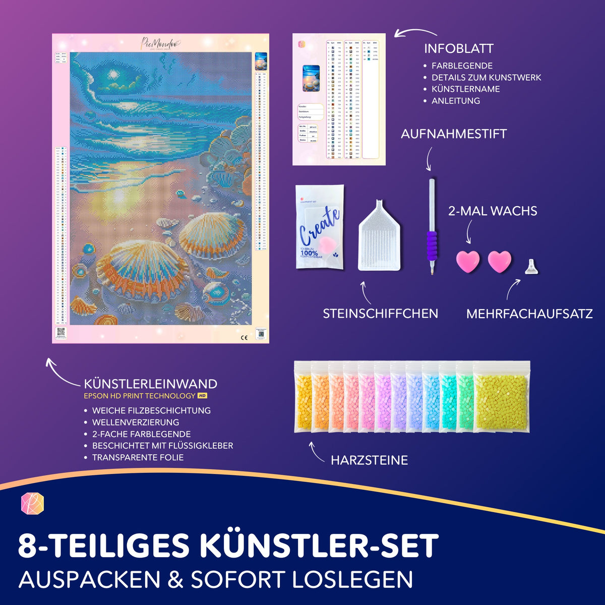 Diamond Painting Set Strand im Nachtglanz mit Leinwand, bunten Harzsteinen und Zubehör für kreativen Bastelspaß.