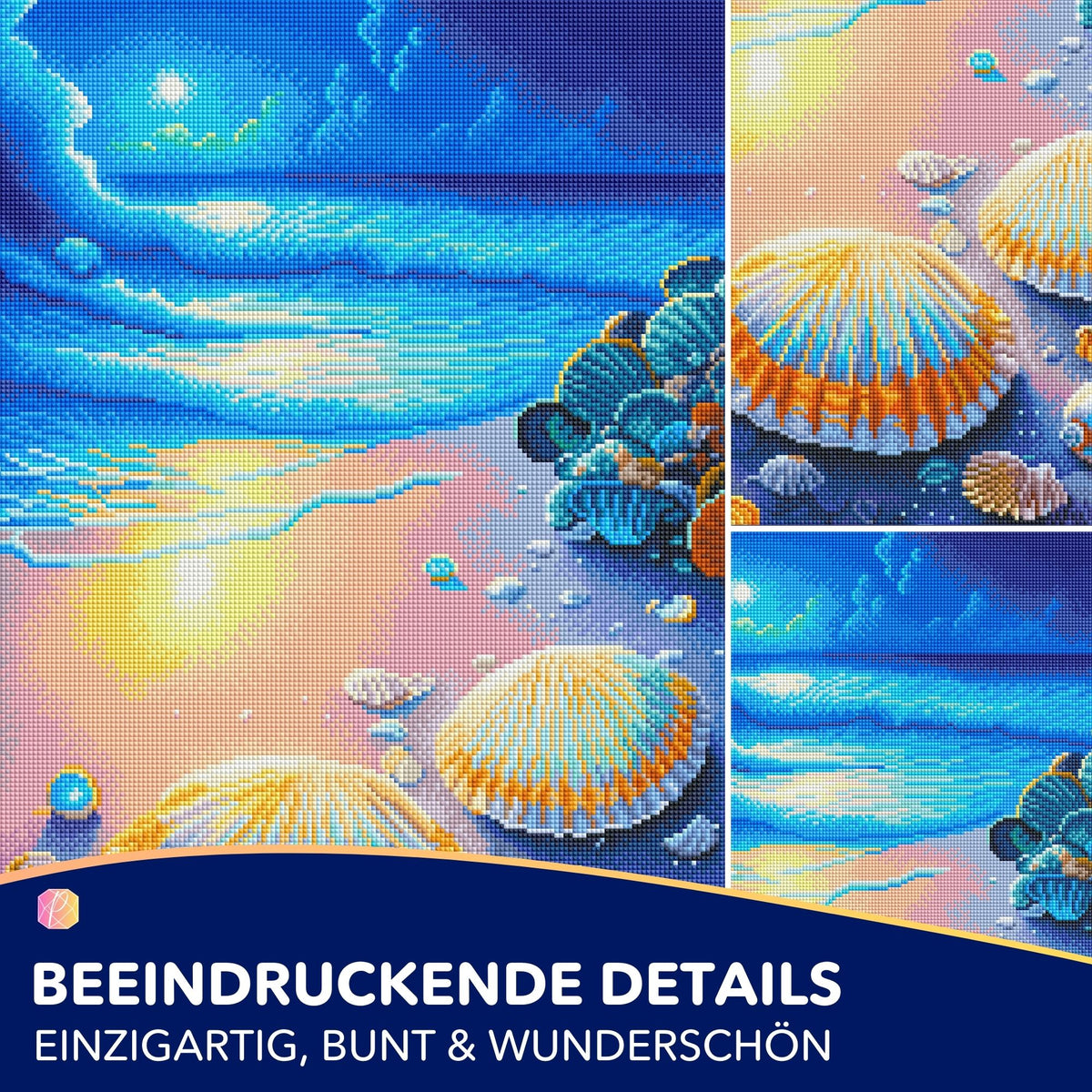 Diamond Painting Set Strand bei Nacht mit funkelnden Muscheln und Mondschein am Meer für kreative Erwachsene